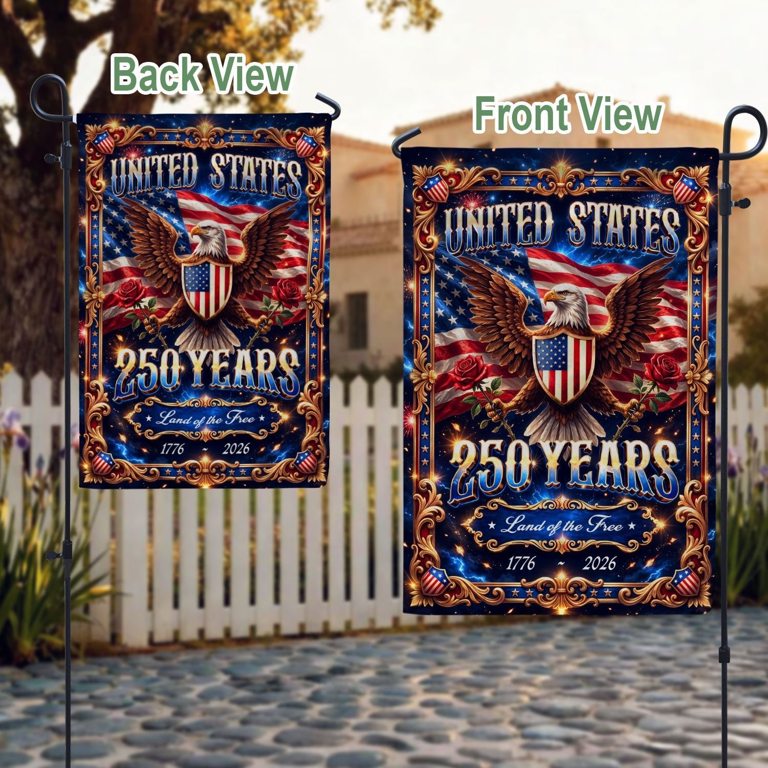 United States 250 Years Garden Flag Eagle Patriotic 1776 2026 Land of the Free - Rust Field Wear