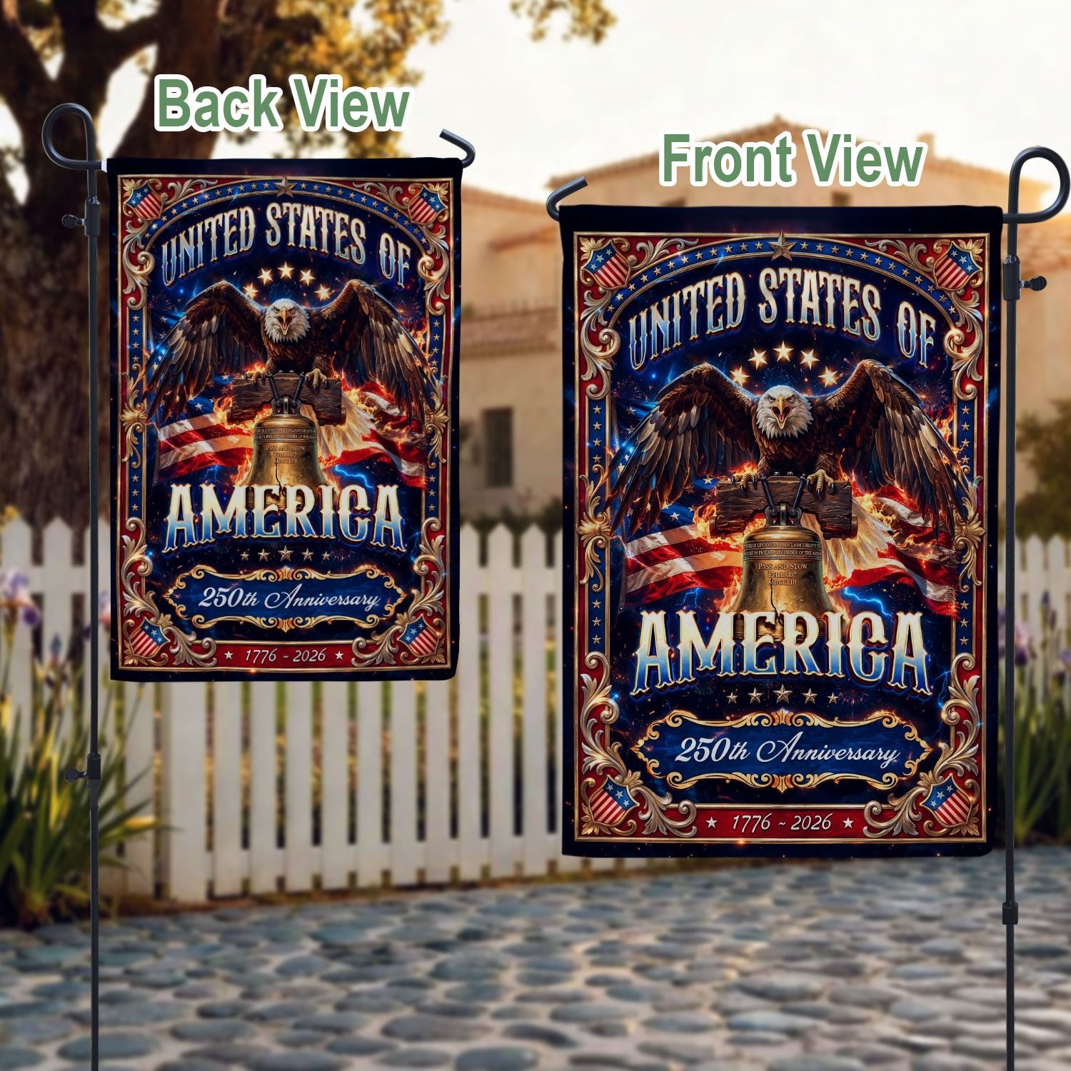 United States America House Flag Bald Eagle Liberty Bell 1776 - 2026 Patriotic - Rust Field Wear