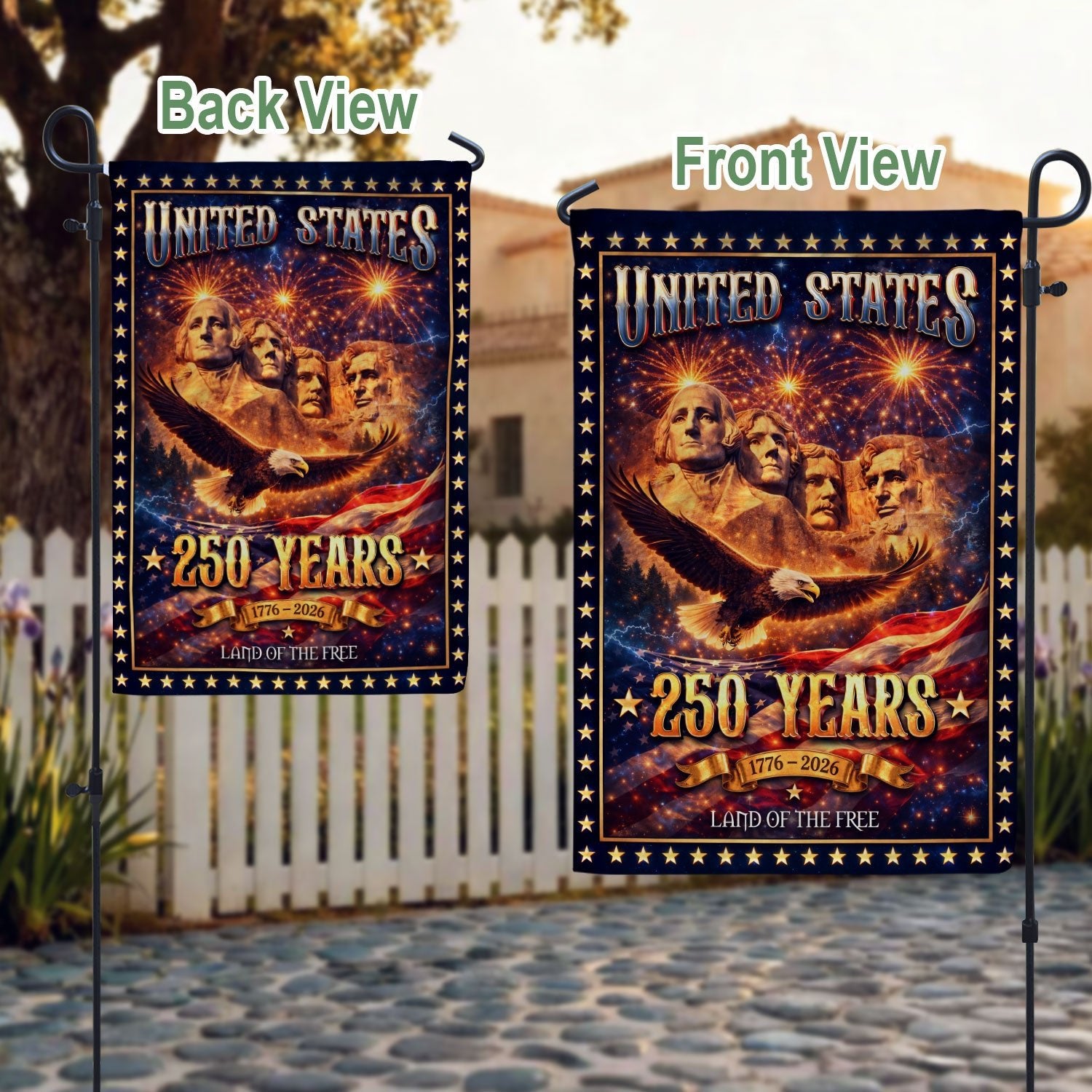 United States 250 Years House Flag Mount Rushmore Eagle 1776 - 2026 Patriotic Banner - Rust Field Wear