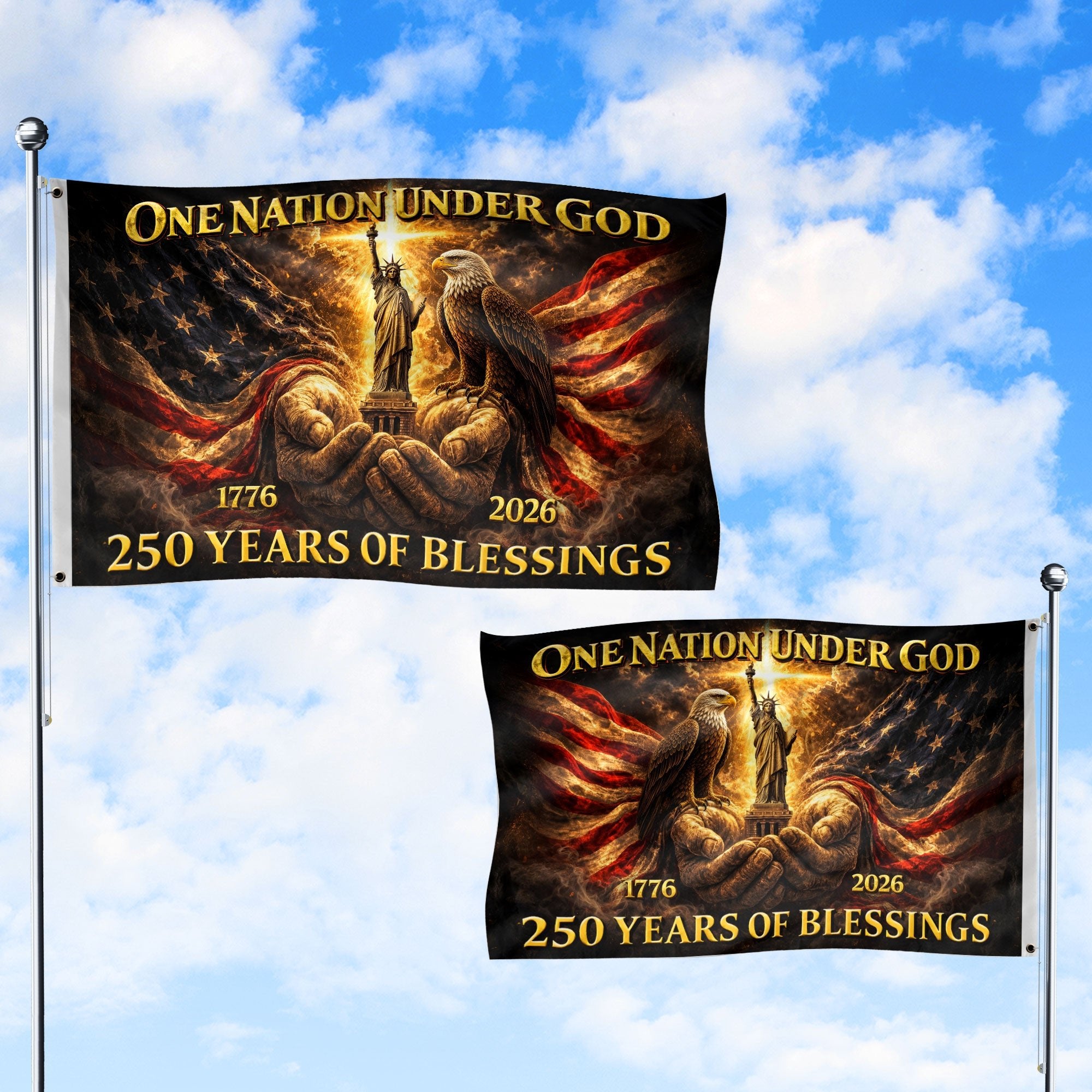Patriotic God's Hands House Flag 1776-2026 One Nation Under God 250 Years of Blessings - Rust Field Wear
