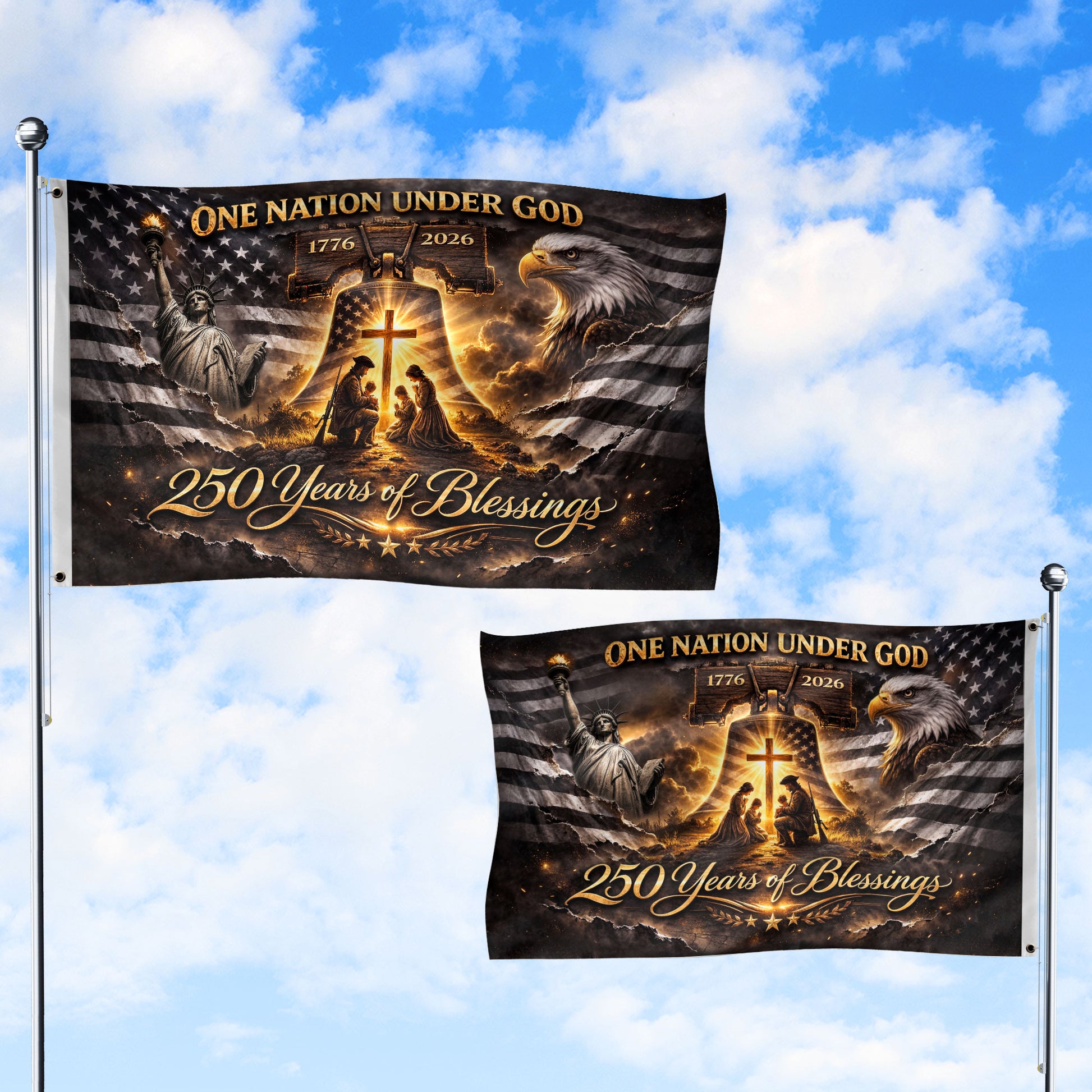 Liberty Bell Patriotic House Flag 1776-2026 One Nation Under God 250 Years of Blessings - Rust Field Wear