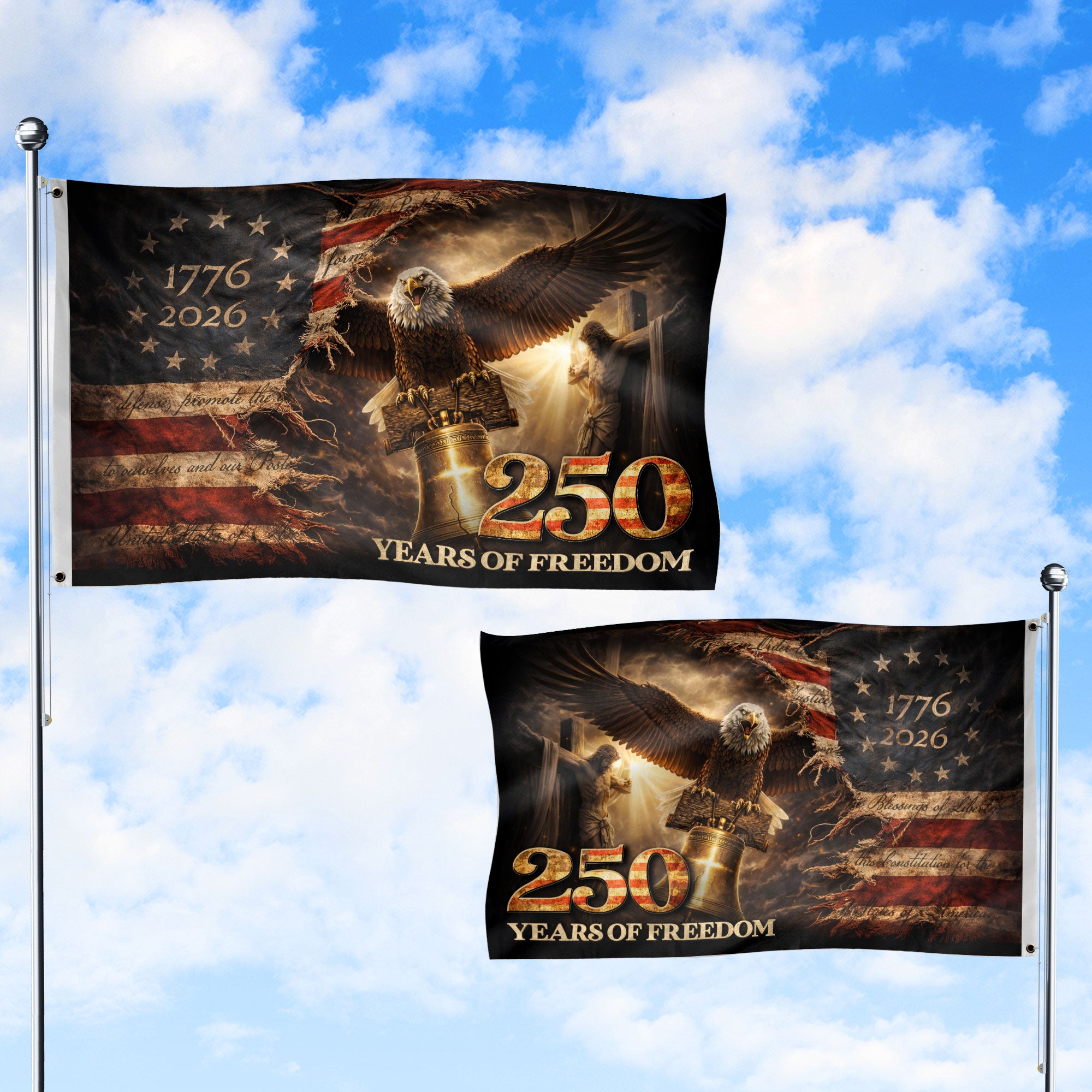 250 Years of Freedom House Flag 1776-2026 Patriotic Eagle Liberty Bell Christian Decor - Rust Field Wear