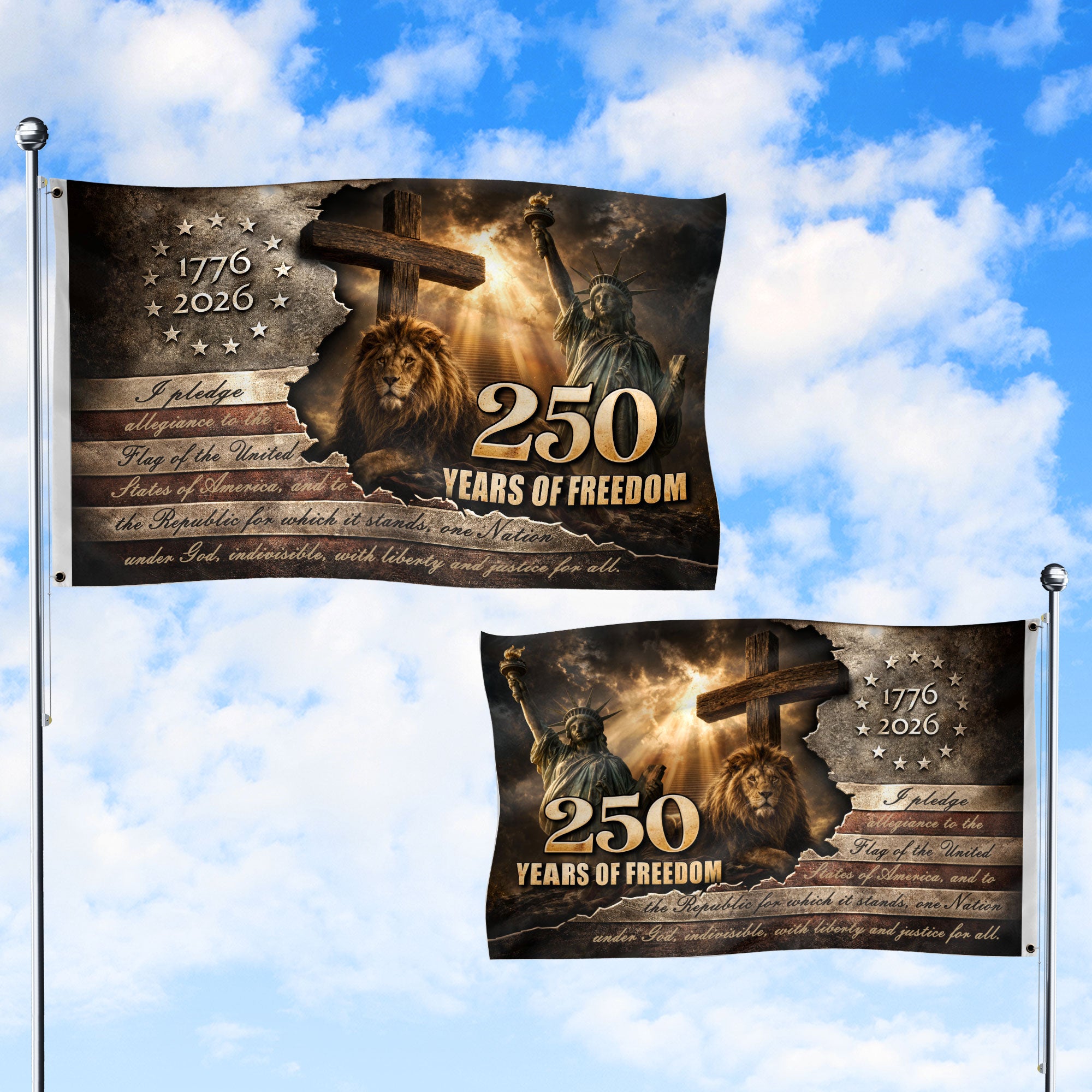 Patriotic Lion Cross House Flag 1776-2026 One Nation Under God 250 Years of Freedom Gift