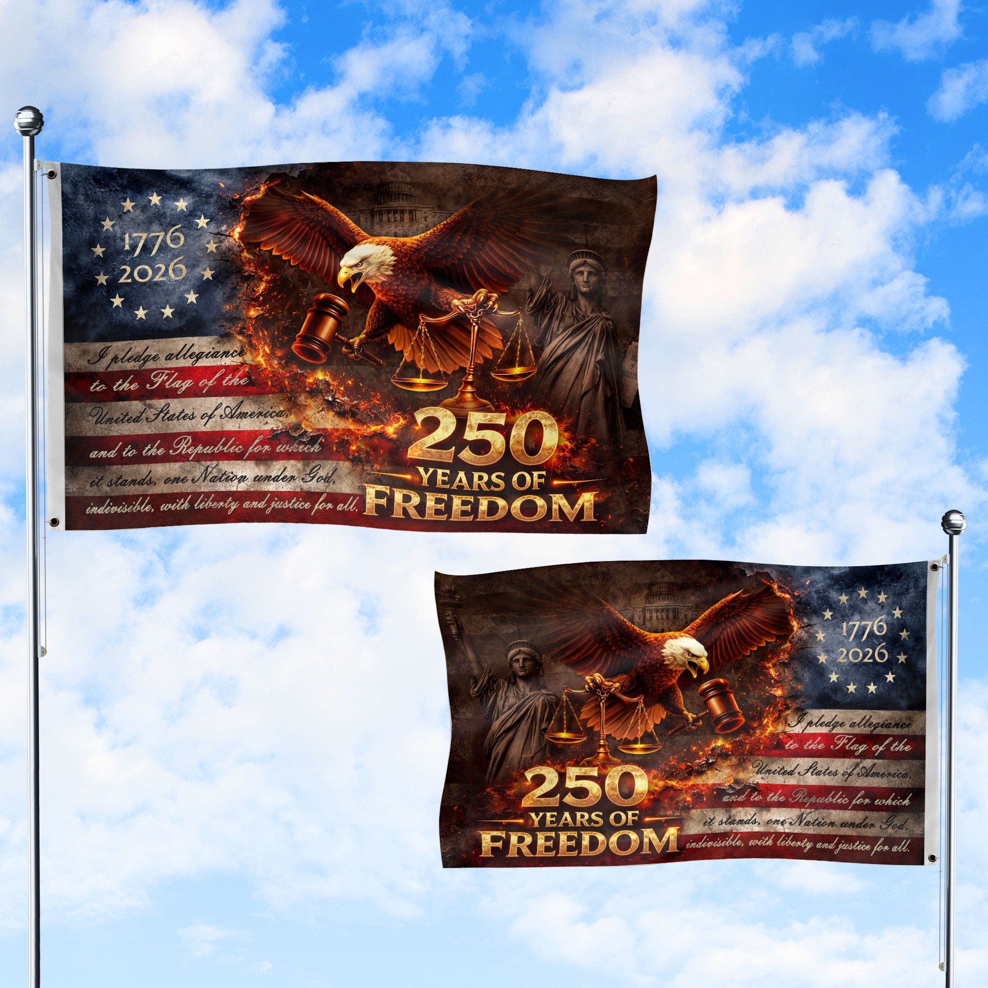 Justice Gavel Eagle House Flag 1776-2026 We The People 250 Years Freedom Patriotic - Rust Field Wear