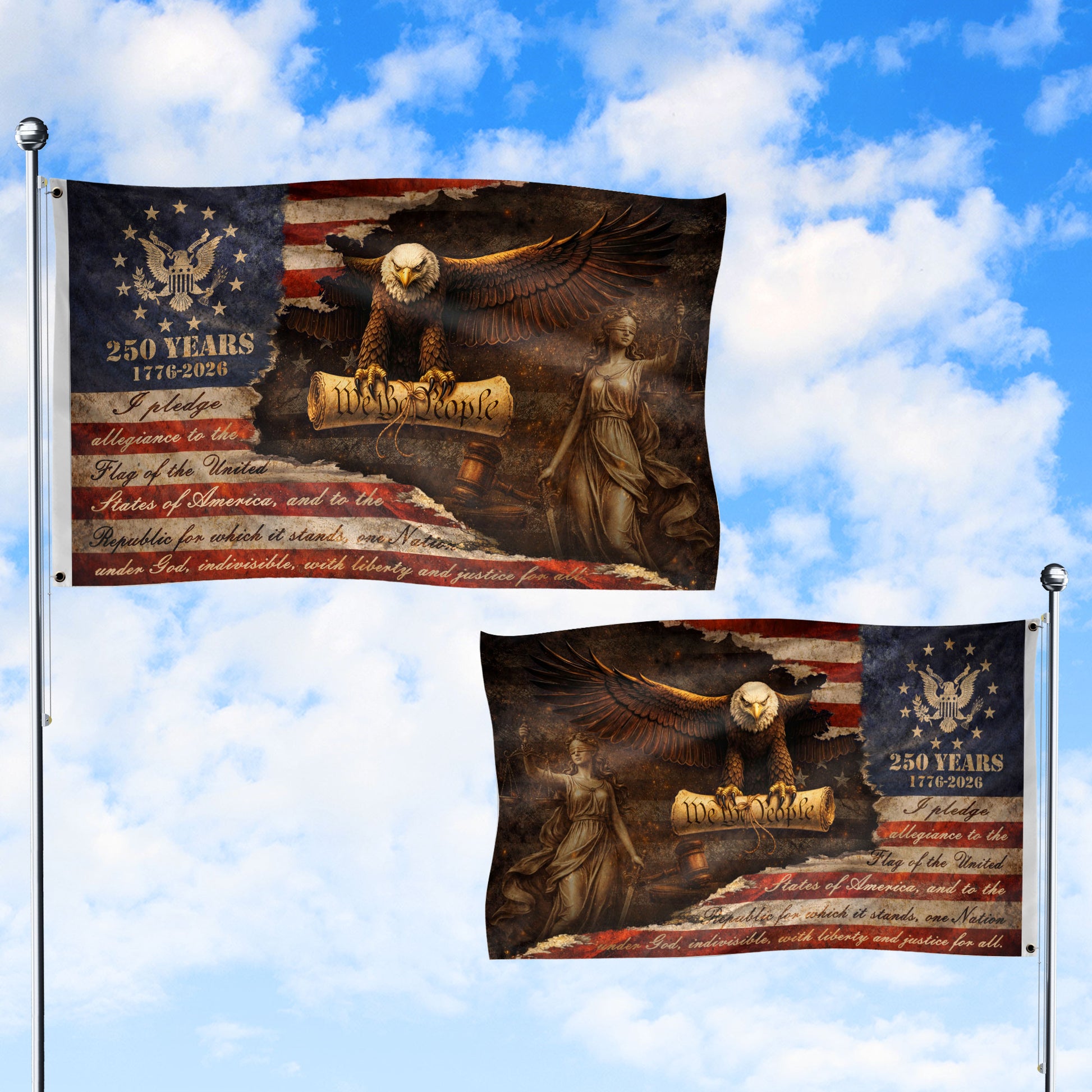 Justice Gavel Eagle House Flag 1776-2026 We The People 250 Years Freedom Patriotic Decor - Rust Field Wear