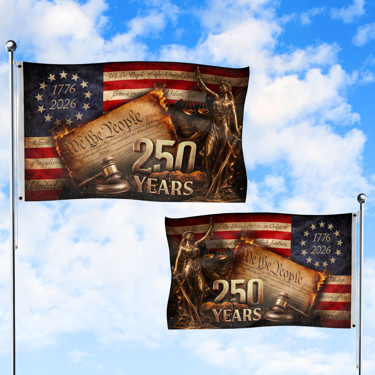 Lady Justice House Flag 1776-2026 We The People 250 Years of Freedom Patriotic Decor - Rust Field Wear
