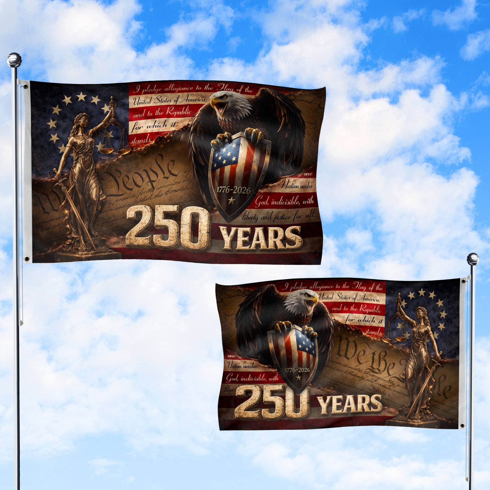 Lady Justice House Flag 1776-2026 We The People 250 Years of Freedom Patriotic Eagle Decor - Rust Field Wear