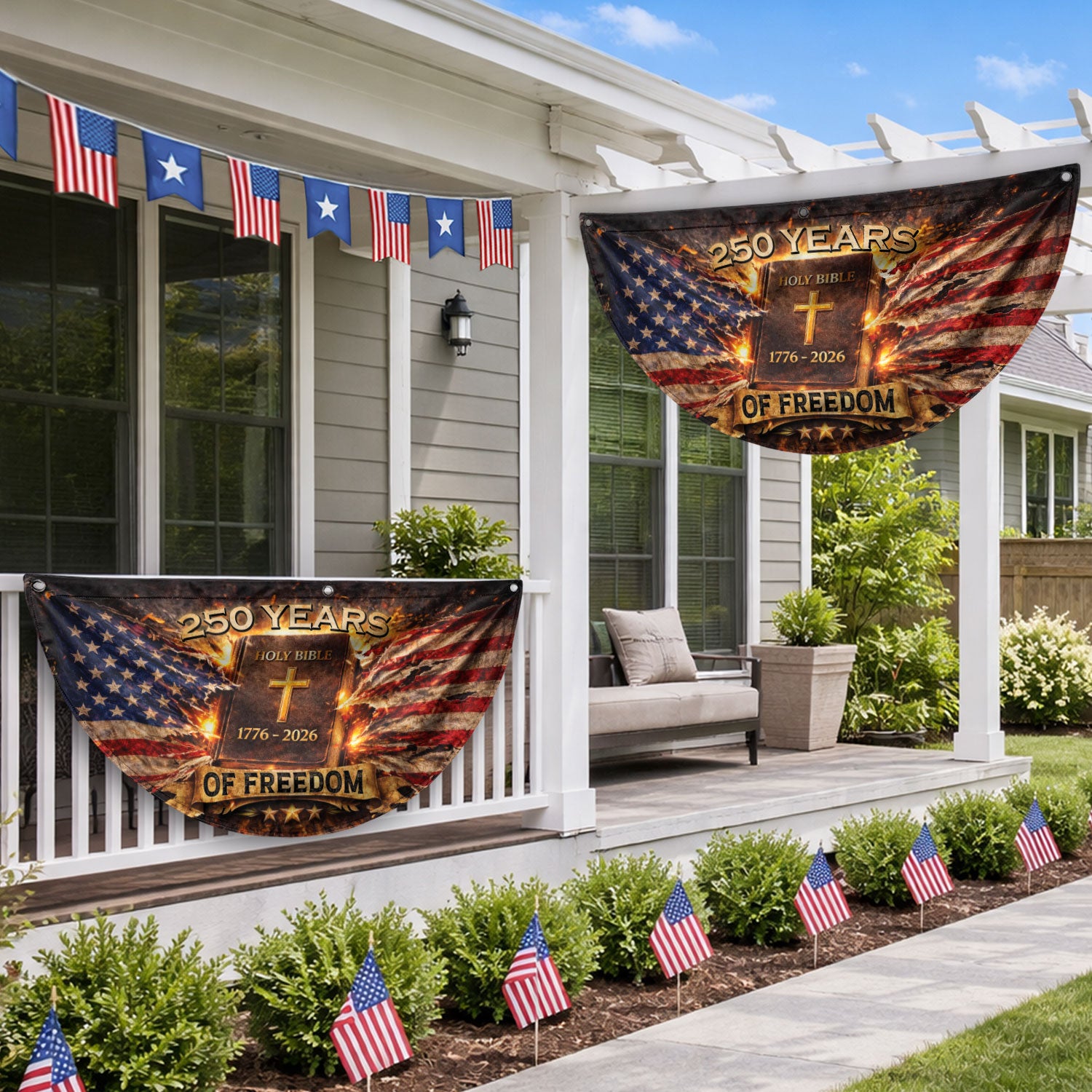 Fence Flag USA 250th Anniversary 1776–2026 Christian Cross Bible Patriotic Banner 250 Year American Freedom Flag - Rust Field Wear