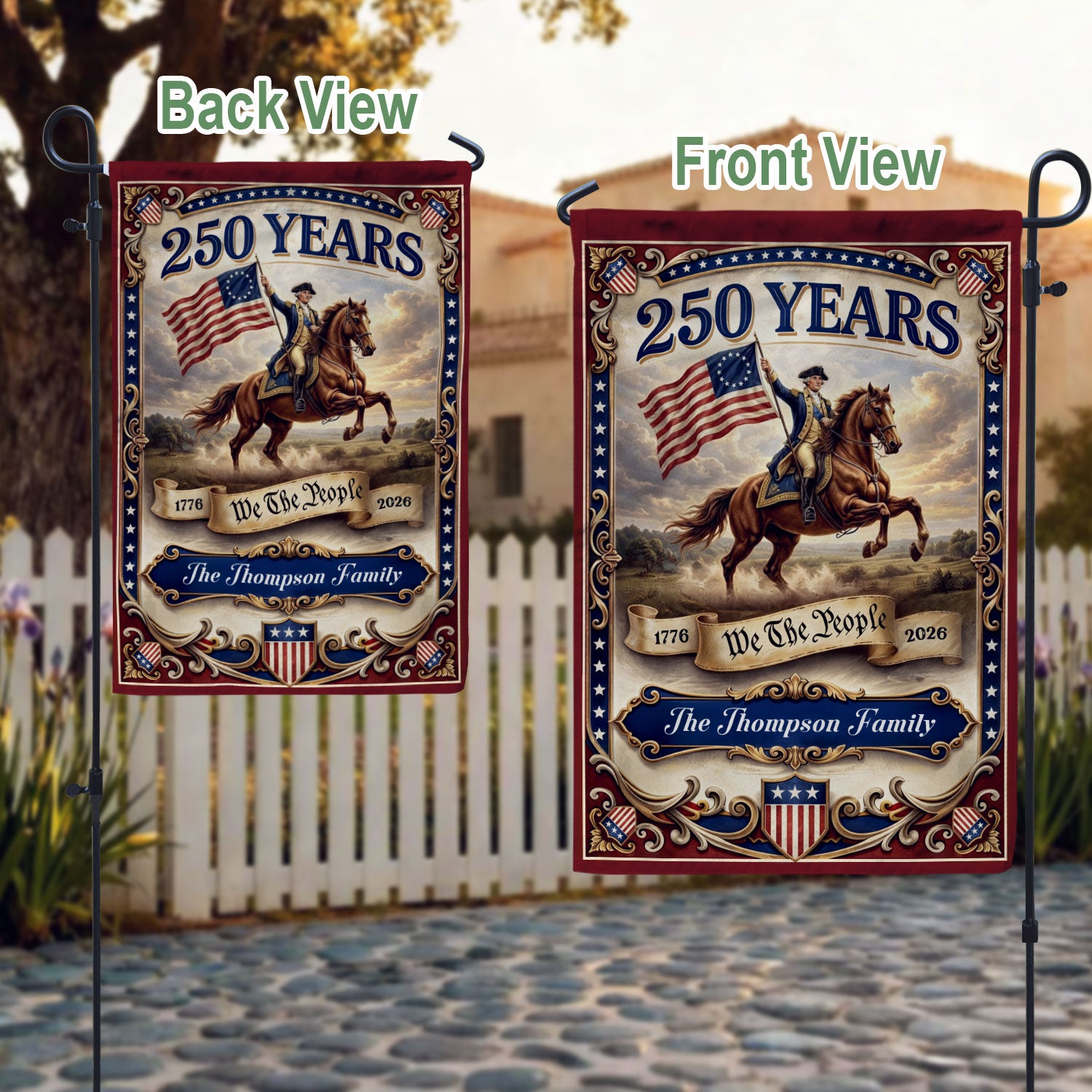 George Washington Horseback Garden Flag Custom Family Name 250 Years Freedom 1776-2026 Patriotic Decor - Rust Field Wear