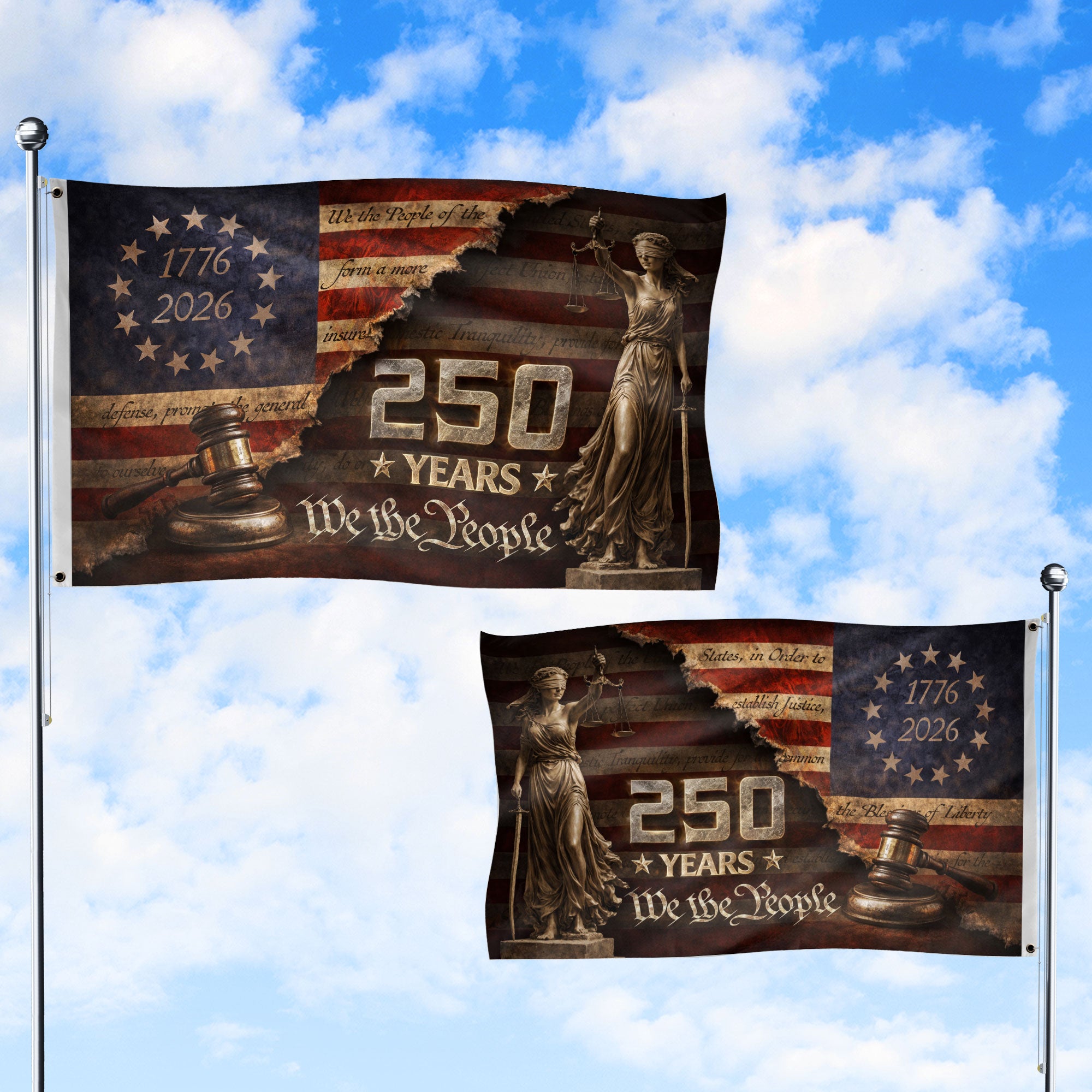 We The People House Flag 250 Years Patriotic Lady Justice 1776 2026 Outdoor Decor - Rust Field Wear