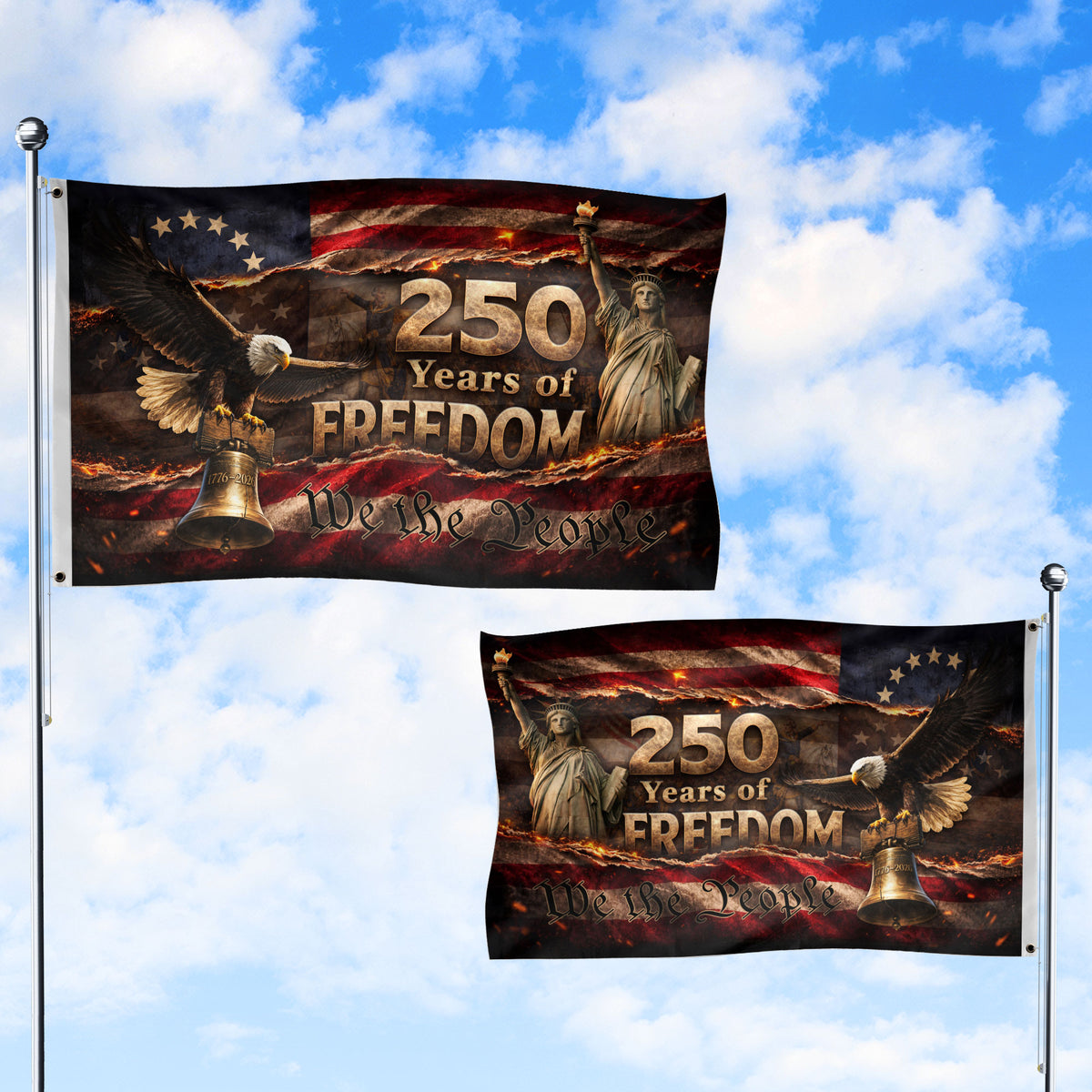 250 Years of Freedom House Flag 1776-2026 We The People Patriotic Shield Decor - Rust Field Wear