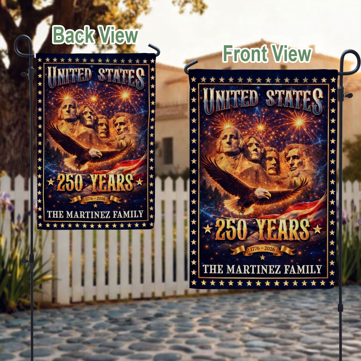Mount Rushmore Patriotic Garden Flag Custom Family Name 250 Years 1776-2026 Banner - Rust Field Wear