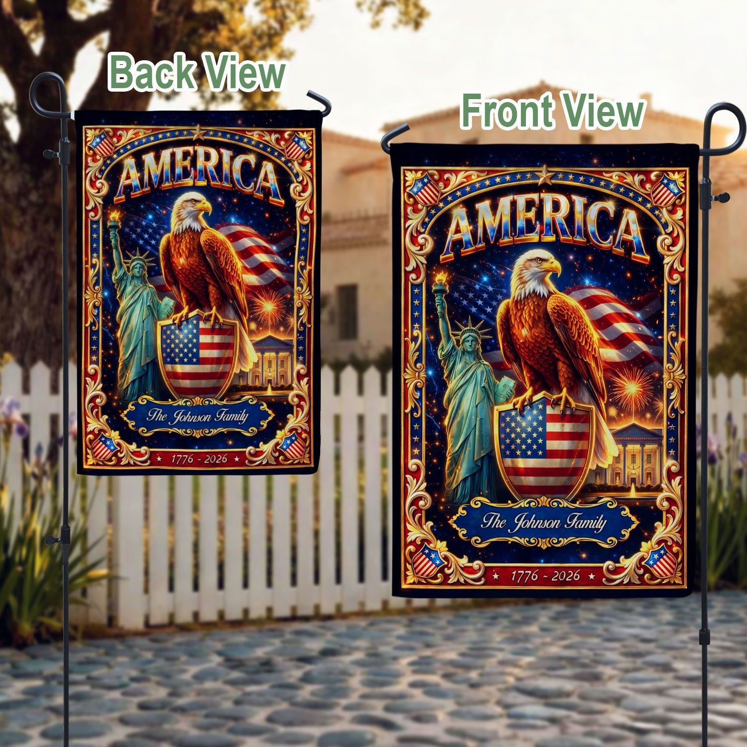 Custom Family Name 250th Anniversary Garden Flag – USA Eagle & Statue of Liberty 1776-2026 - Rust Field Wear