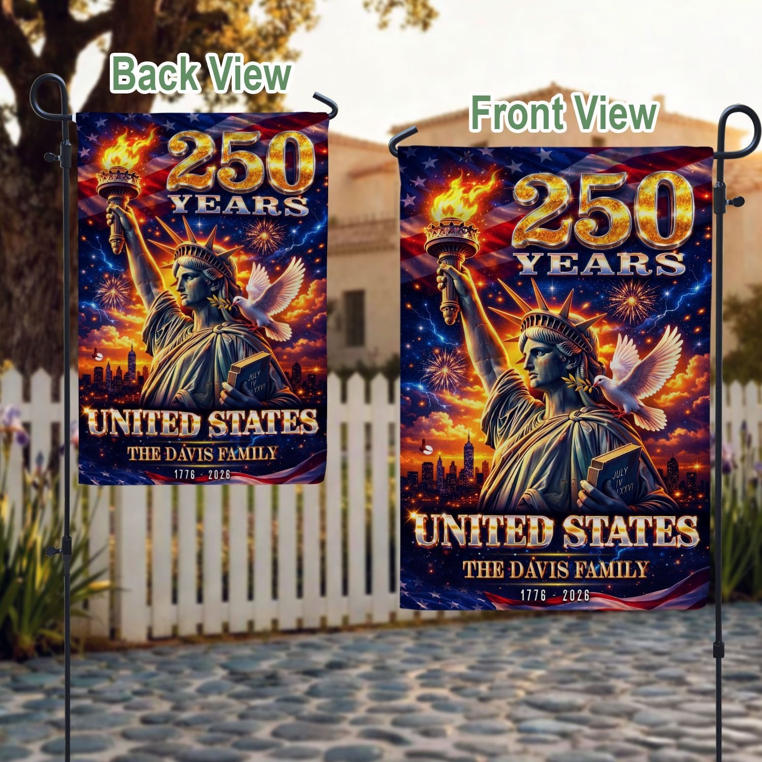 Custom Family Name 250th Anniversary Garden Flag – Statue of Liberty USA 1776-2026 - Rust Field Wear