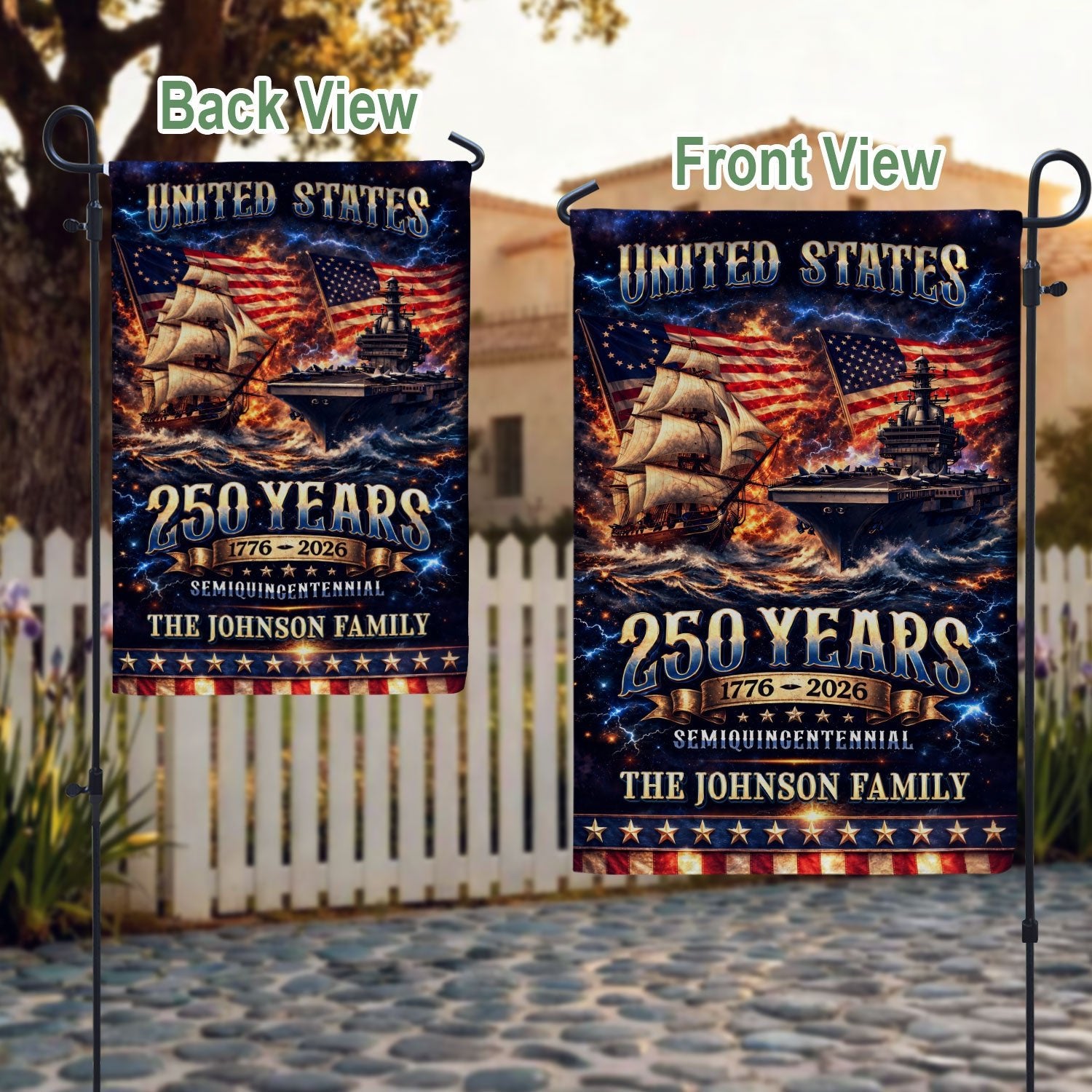 Custom Family Name 250th Anniversary Garden Flag – USA Ship & Navy 1776-2026 - Rust Field Wear