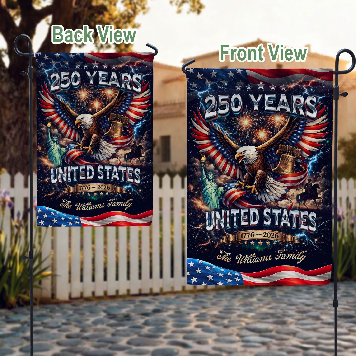 Personalized USA 250th Celebration Garden Flag – Patriotic Eagle, Statue & Fireworks Theme (1776–2026) - Rust Field Wear