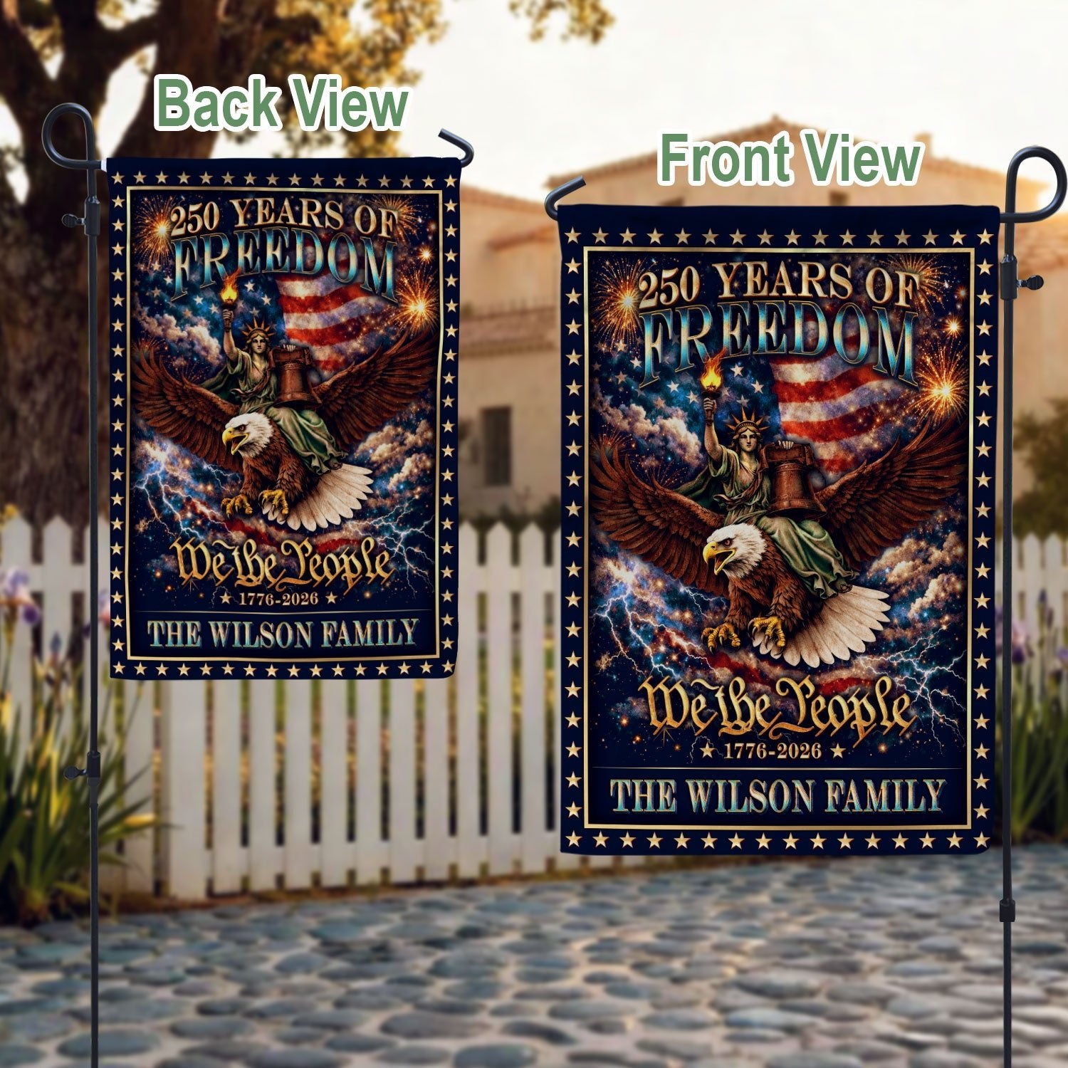 Personalized Patriotic Garden Flag – 250 Years of American Heritage with Liberty & Eagle Motif (1776–2026) - Rust Field Wear