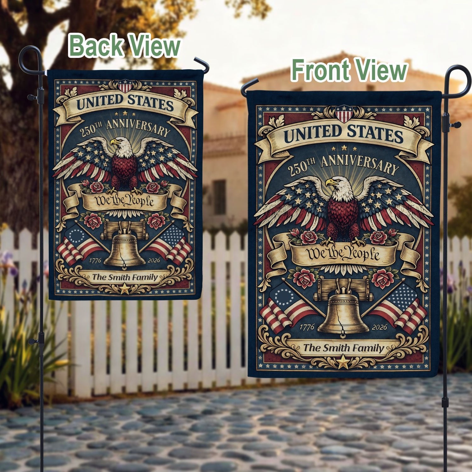 United States 250th Anniversary Garden Flag – Custom Family Name with Eagle, Liberty Bell & 'We the People' 1776-2026 - Rust Field Wear