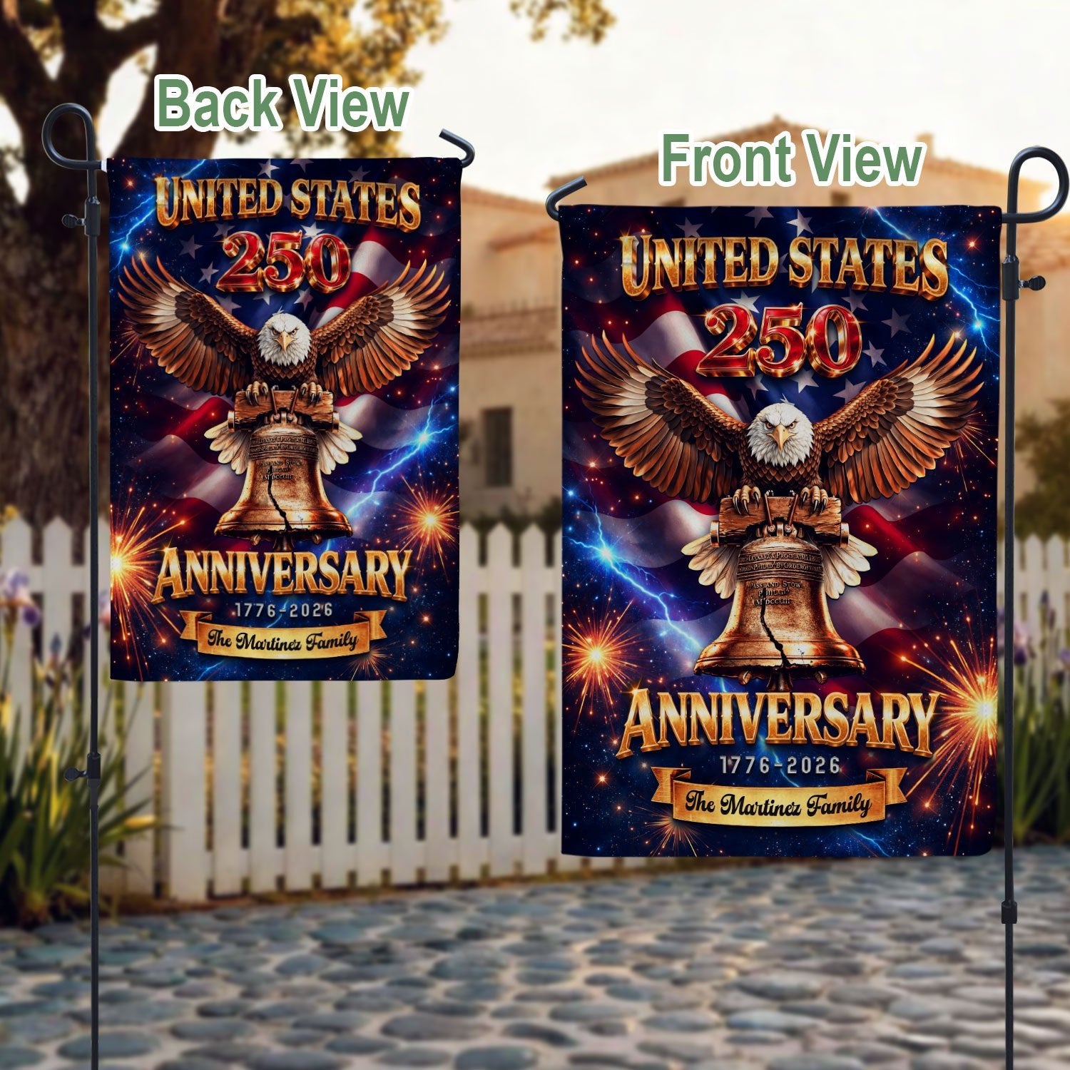 Personalized American Celebration Garden Flag – 250-Year Commemorative Design with Eagle & Liberty Bell (1776–2026) - Rust Field Wear