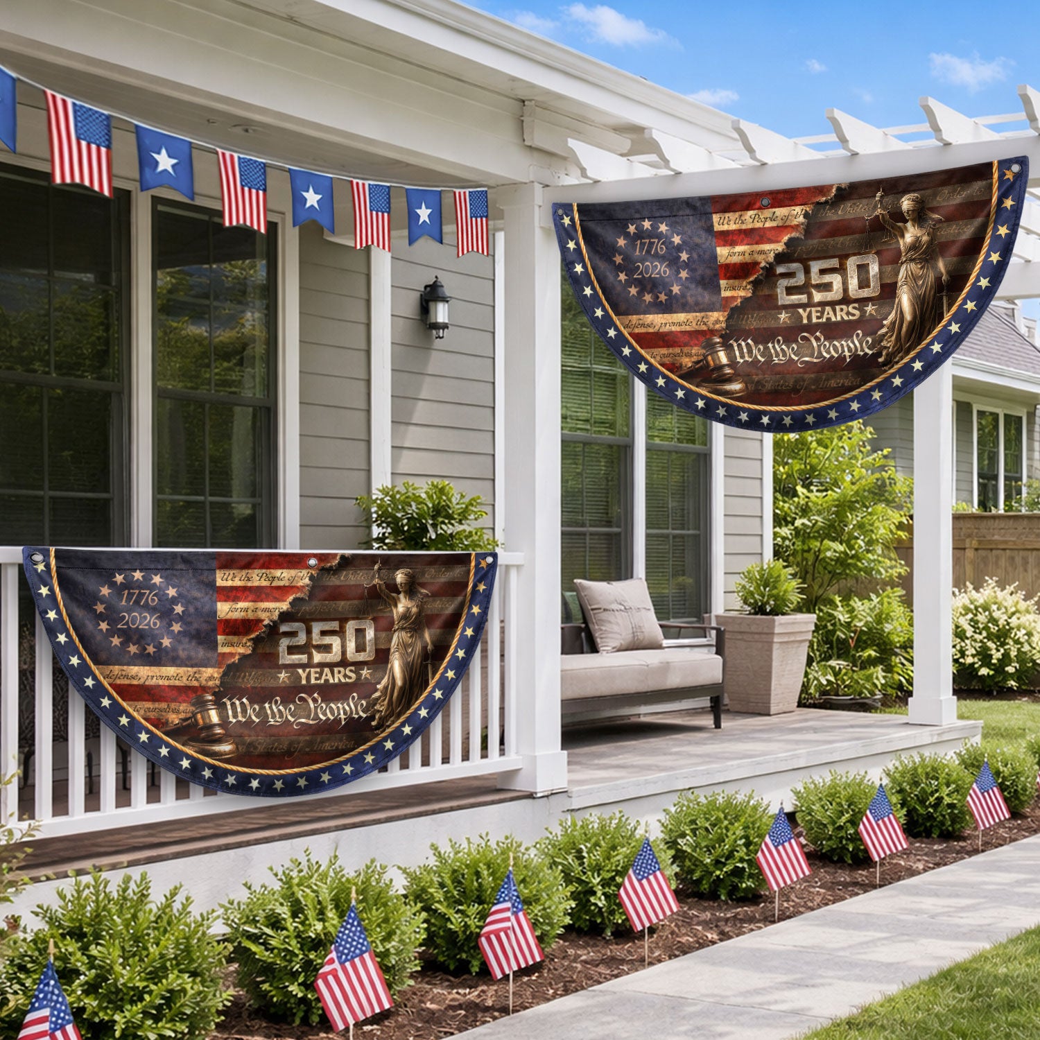 We The People Fence Flag Lady Justice & Gavel 250 Years Patriotic - 1776-2026 Decor - Rust Field Wear