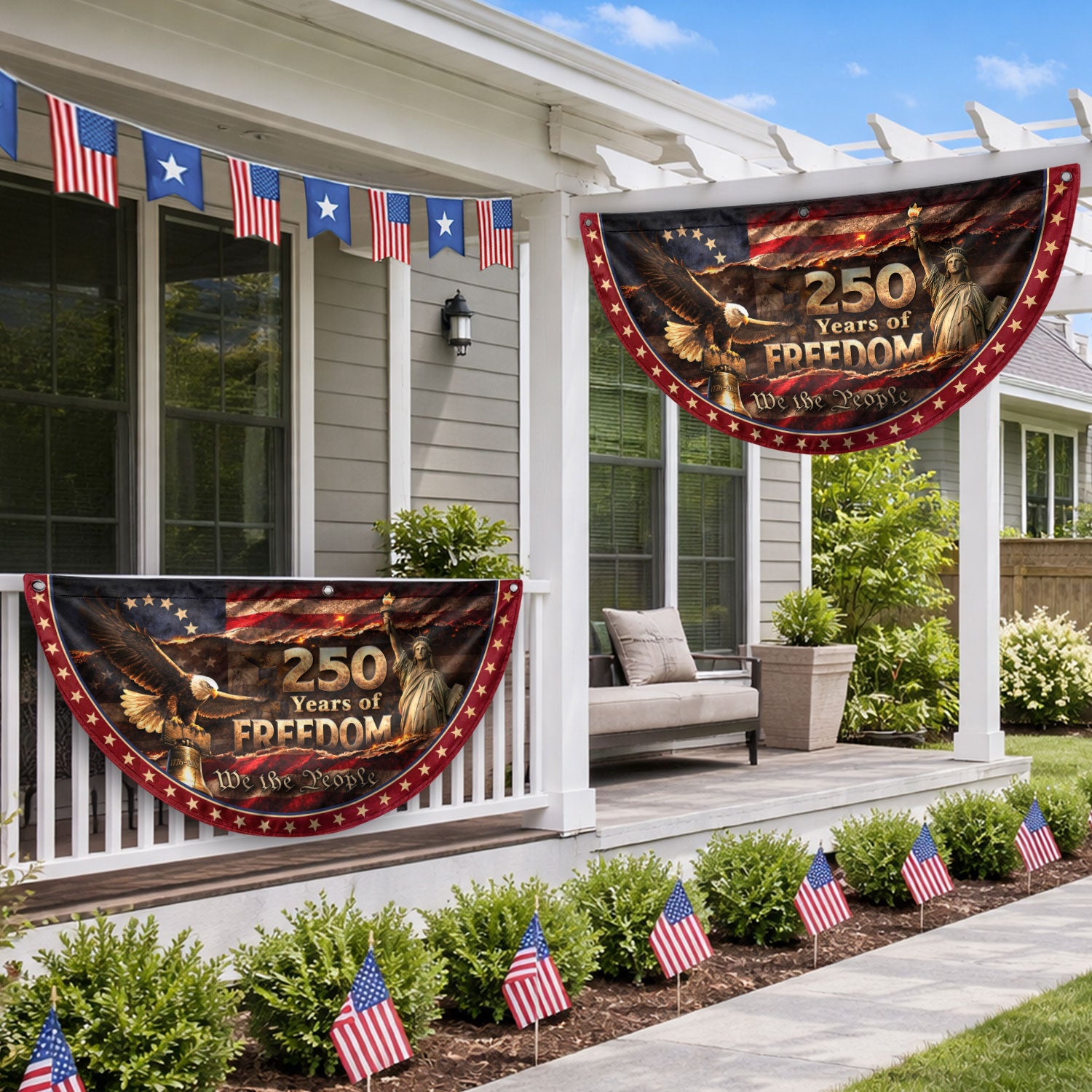 250 Years of Freedom Fence Flag Statue of Liberty Bald Eagle - We The People Flag Decor - Rust Field Wear