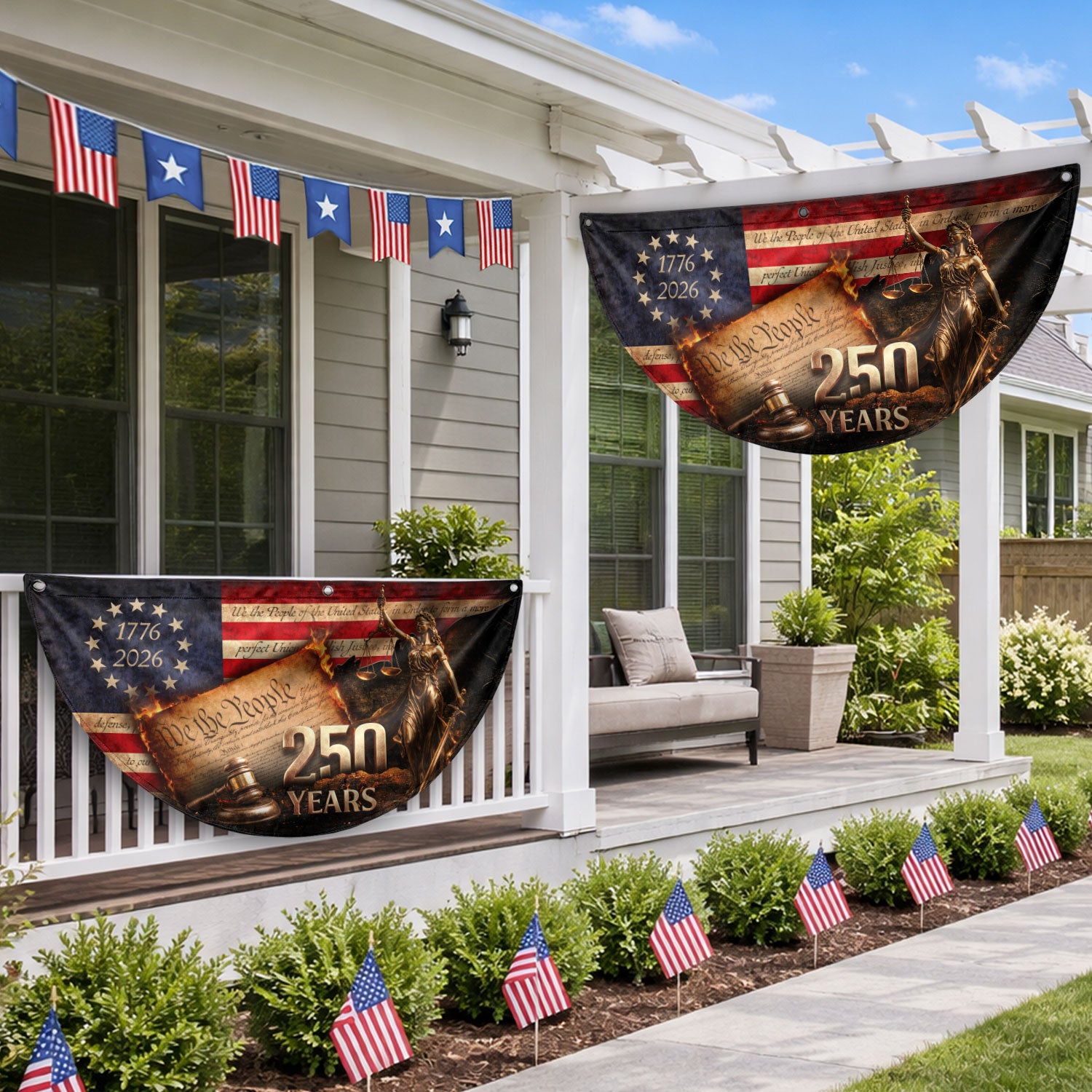250 Years Lady Justice Fence Flag Patriotic 1776-2026 - We The People Outdoor Banner - Rust Field Wear