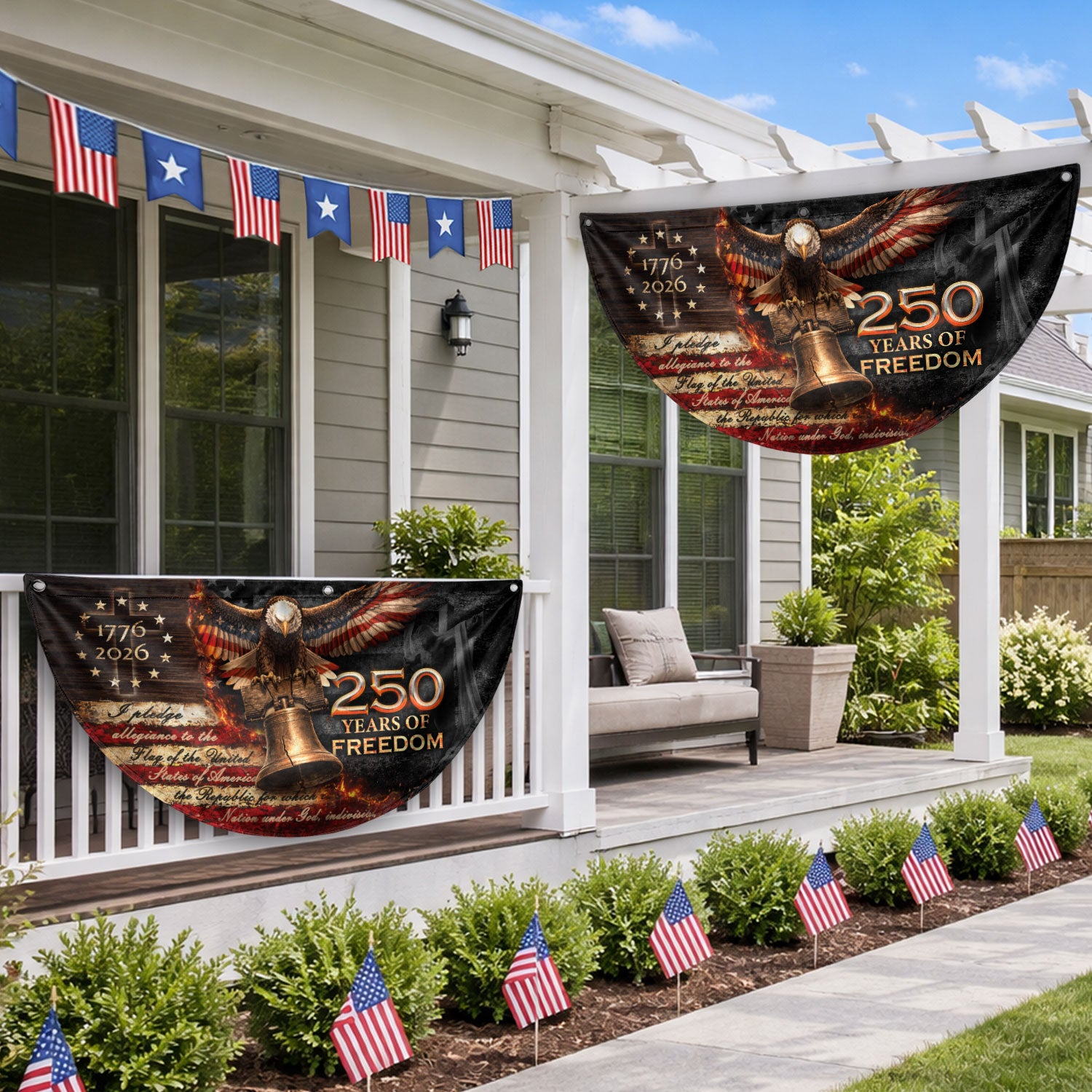 250 Years of Freedom Fence Flag 1776-2026 – Christian Patriotic Cross & Liberty Bell USA Double Sided Banner - Rust Field Wear