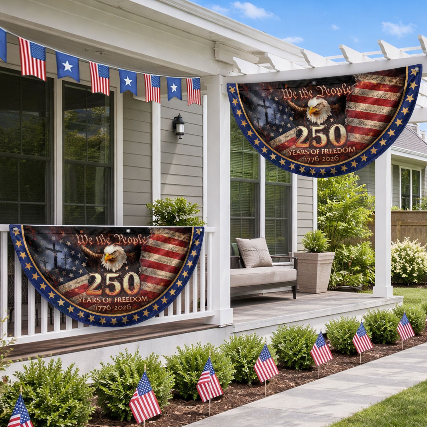 USA 250th Anniversary Fence Flag 1776-2026 – American Flag with Cross We The People Christian Patriotic Banner - Rust Field Wear