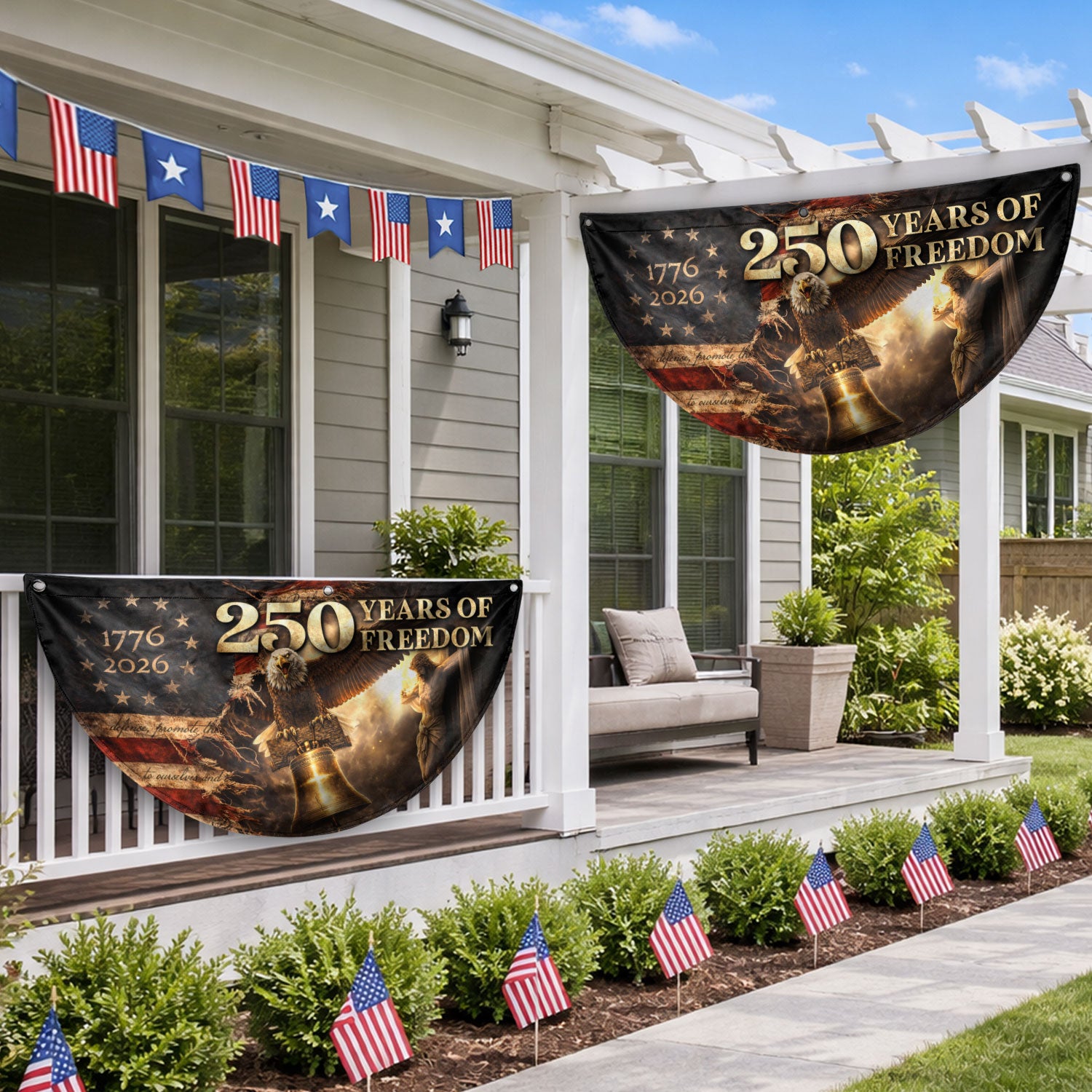 250 Years USA Anniversary Fence Flag 1776-2026 – Jesus & Eagle Christian Patriotic Double Sided Banner - Rust Field Wear