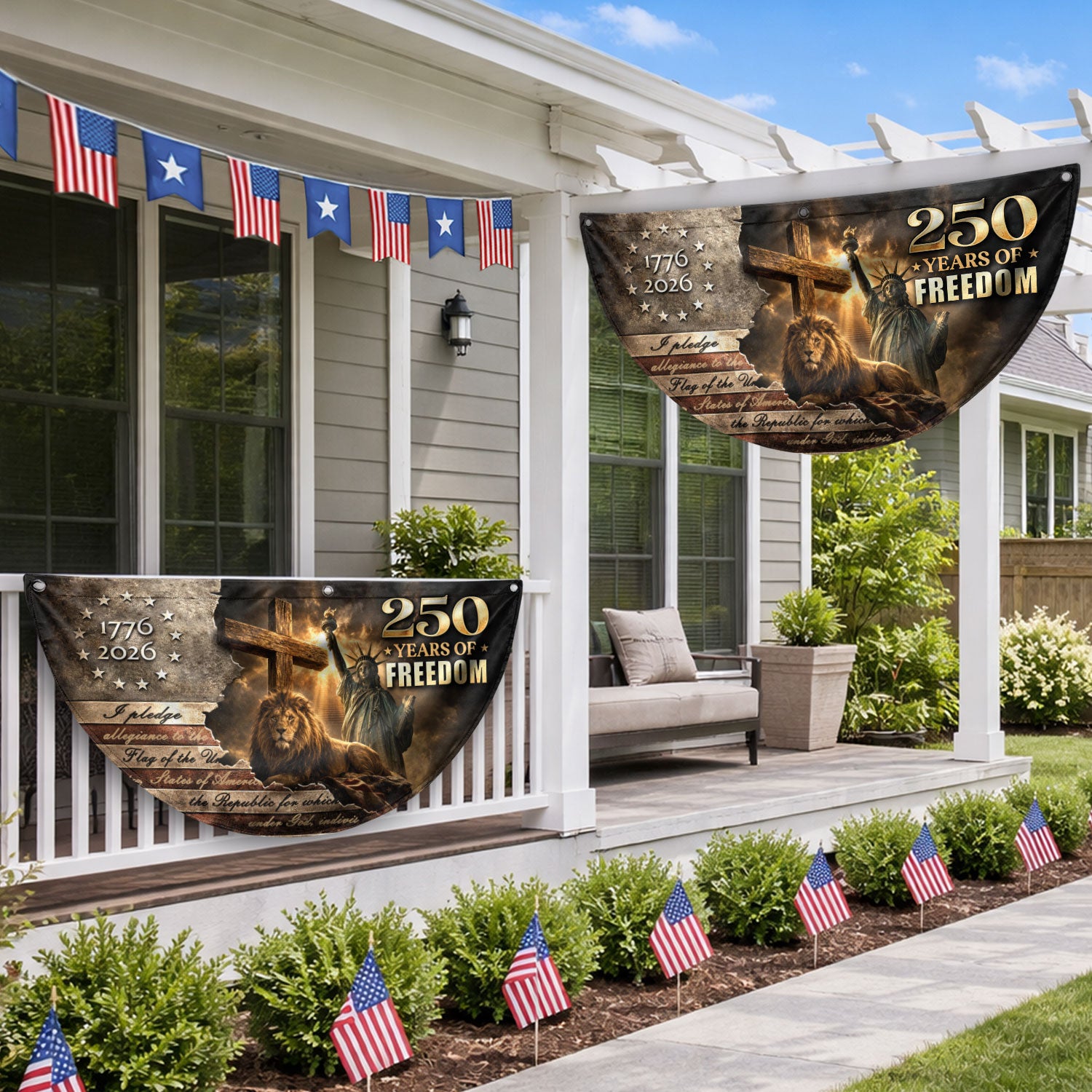 God Bless America 250 Years Fence Flag 1776-2026 – Lion & Cross Christian Patriotic USA Double Sided Banner - Rust Field Wear
