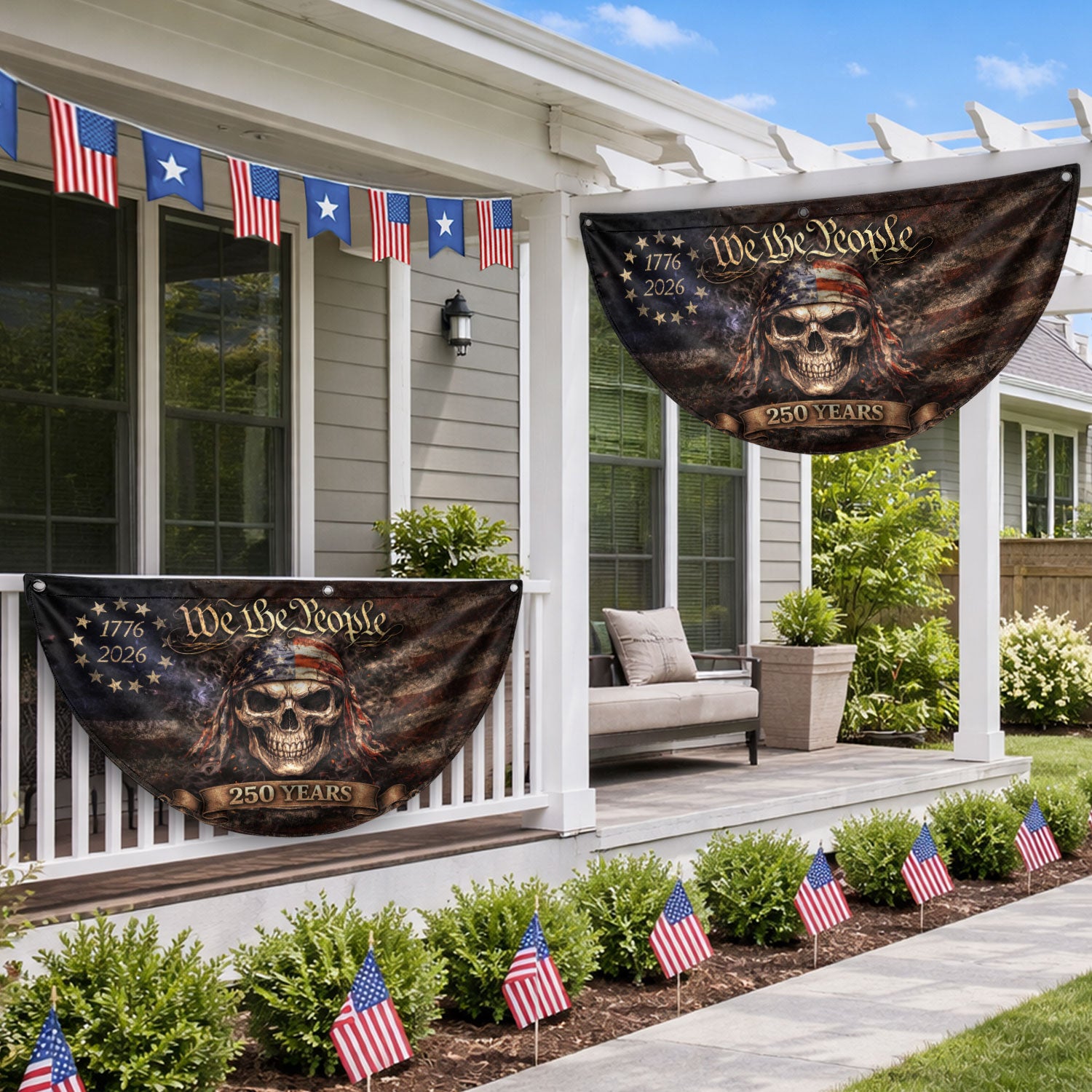 We The People Skull Fence Flag 250 Years 1776-2026 Patriotic Double Sided Banner