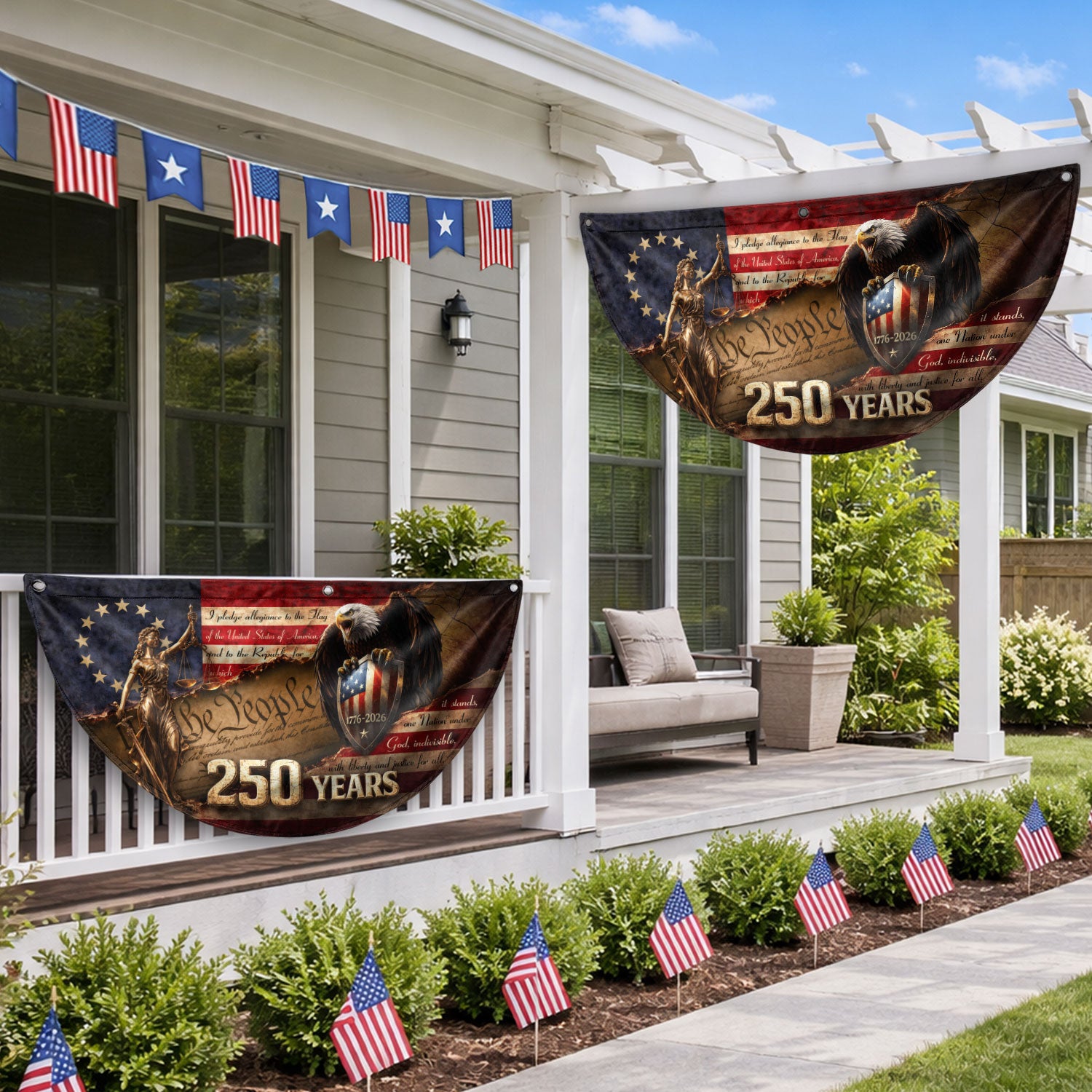 We The People Lady Justice Fence Flag 250 Years Patriotic Eagle - 1776-2026 Flag Decor - Rust Field Wear