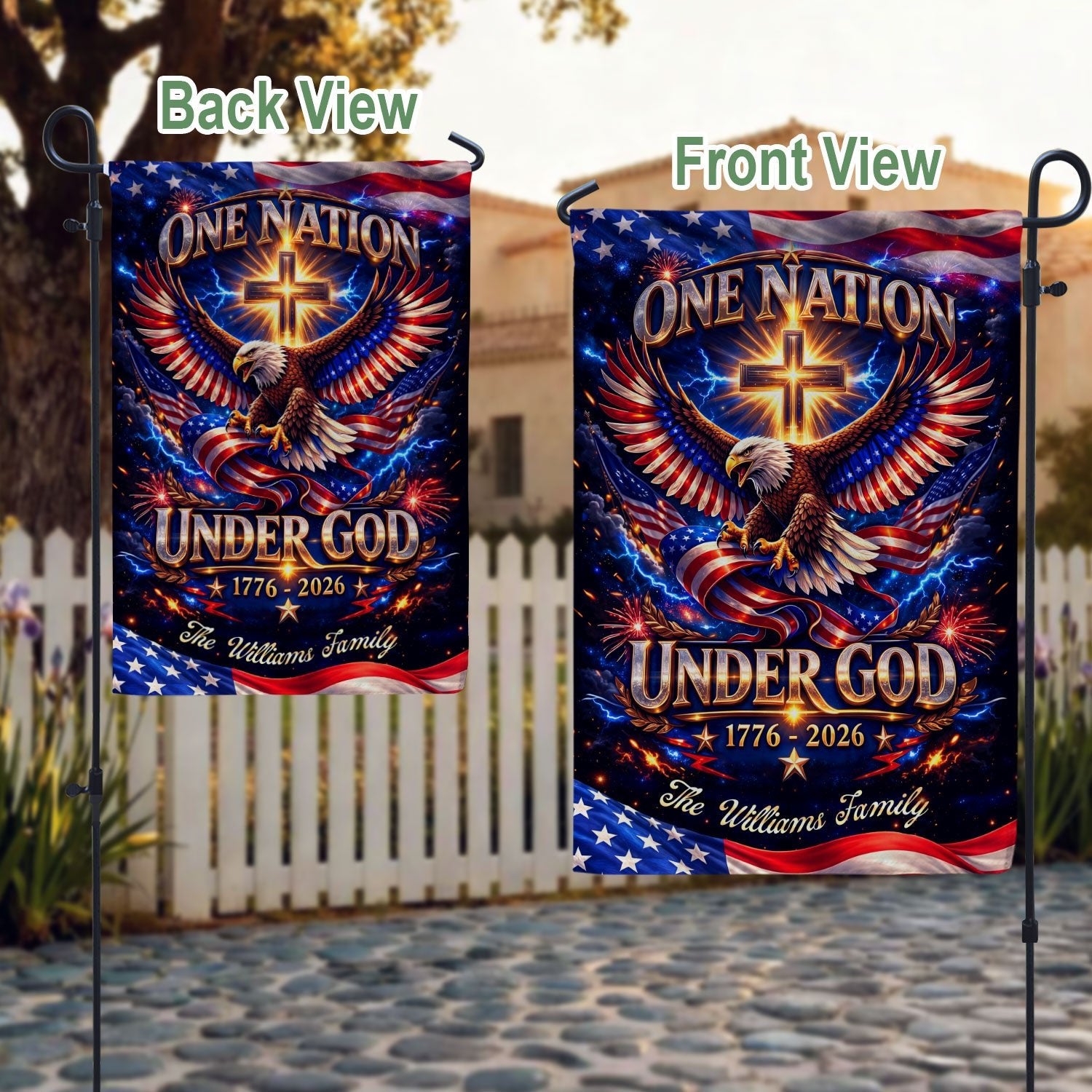 Personalized Faith & Freedom Garden Flag – 250-Year USA Tribute with Eagle and Cross Motif (1776–2026) - Rust Field Wear