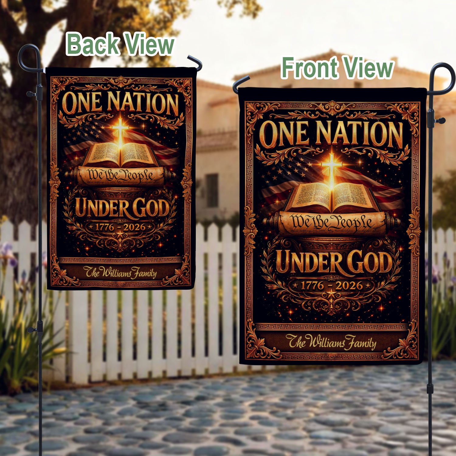 One Nation Under God 250th Anniversary Garden Flag – Custom Family Name with Bible, Cross & 'We the People' 1776-2026