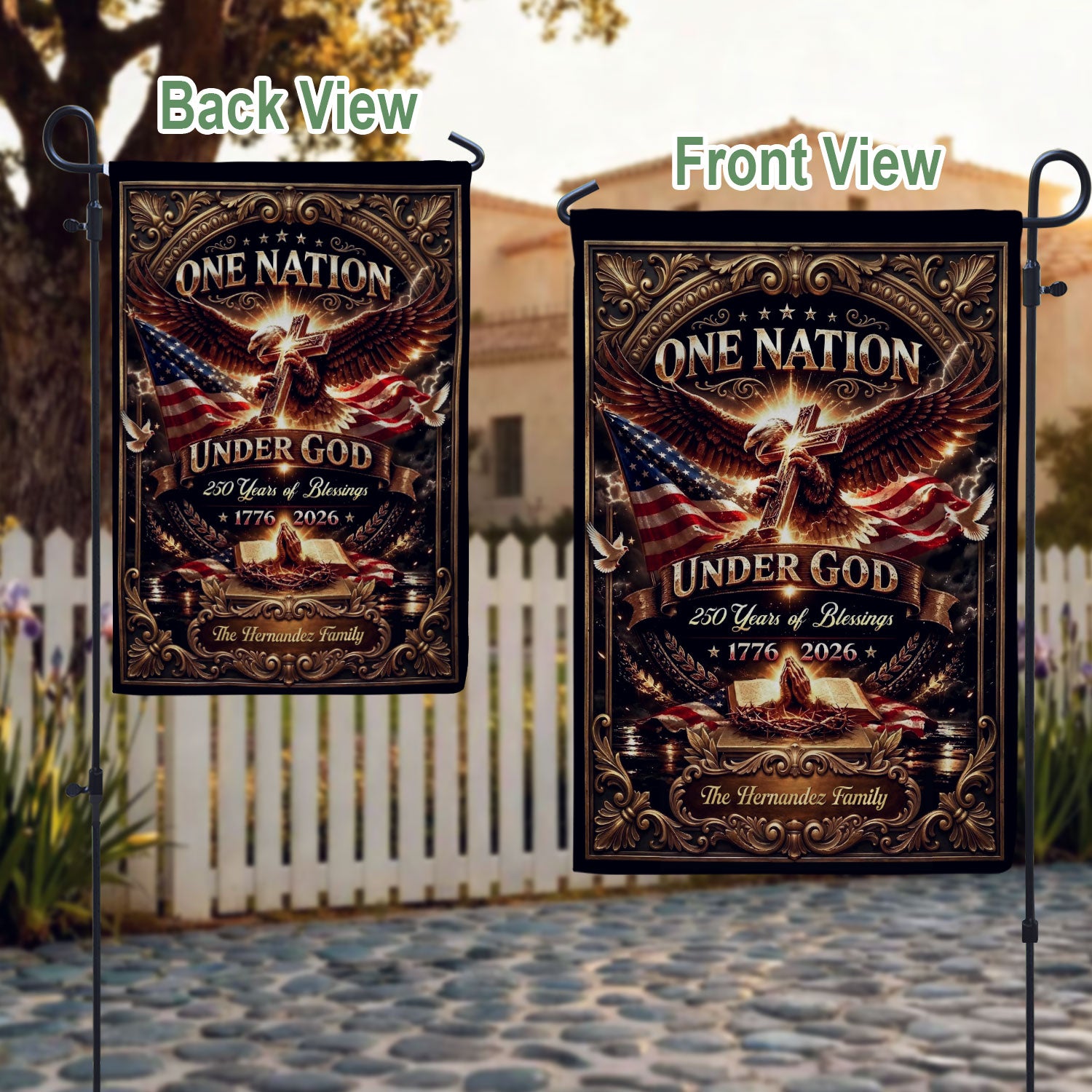One Nation Under God 250th Anniversary Garden Flag – Custom Family Name with Eagle, Cross & Bible 1776-2026 - Rust Field Wear