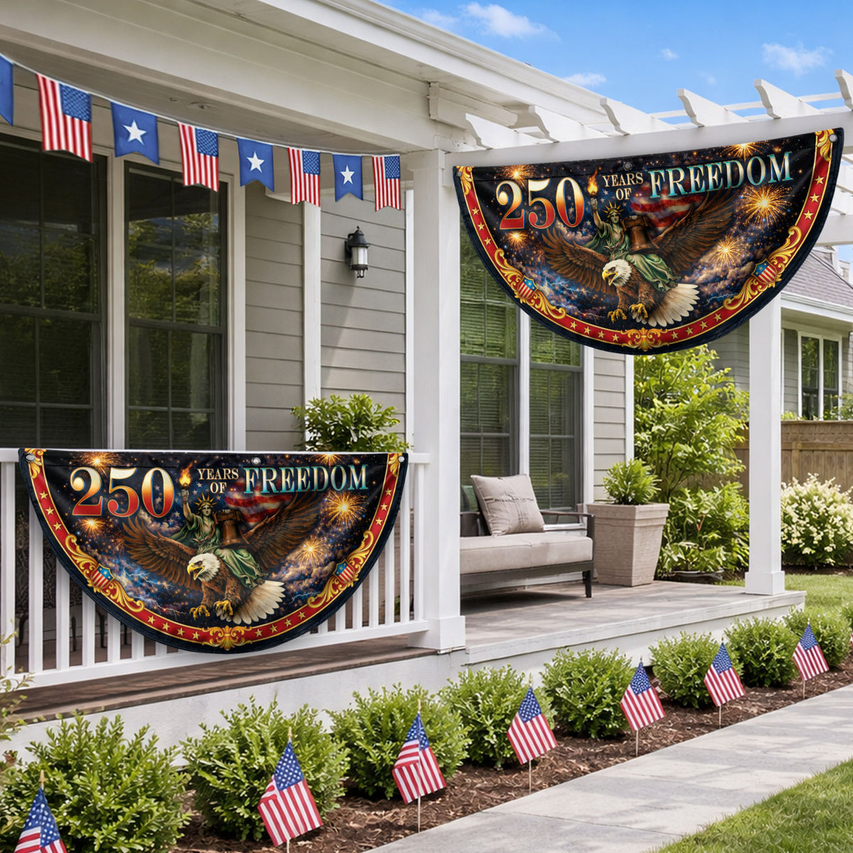 Fence Flag 250 Years of Freedom 1776-2026 Patriotic Eagle Liberty Bell Fireworks Banner - Rust Field Wear