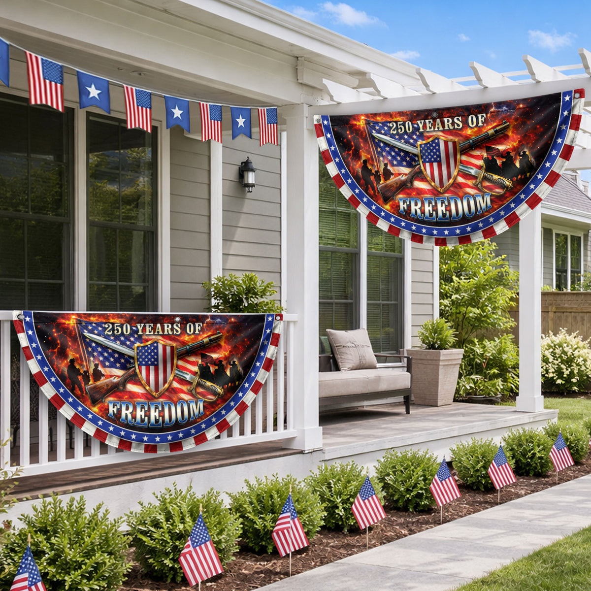 250 Years of Freedom Fence Flag 1776-2026 Patriotic Military Shield Banner - Rust Field Wear