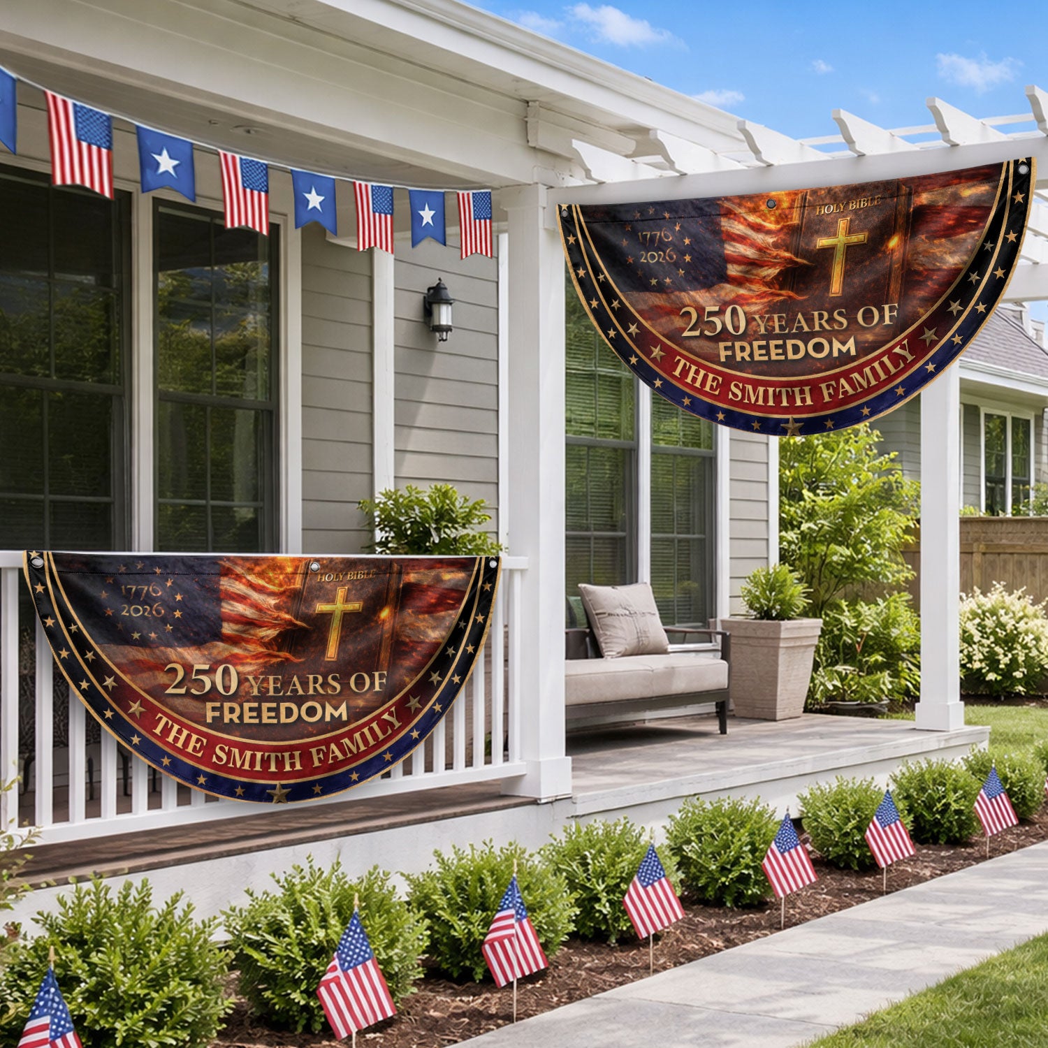 250 Christ Years Freedom Flag Fence Flag Custom Family Name 250 Years Christian Flag American Flag with Cross 250th Anniversary Design - Rust Field Wear