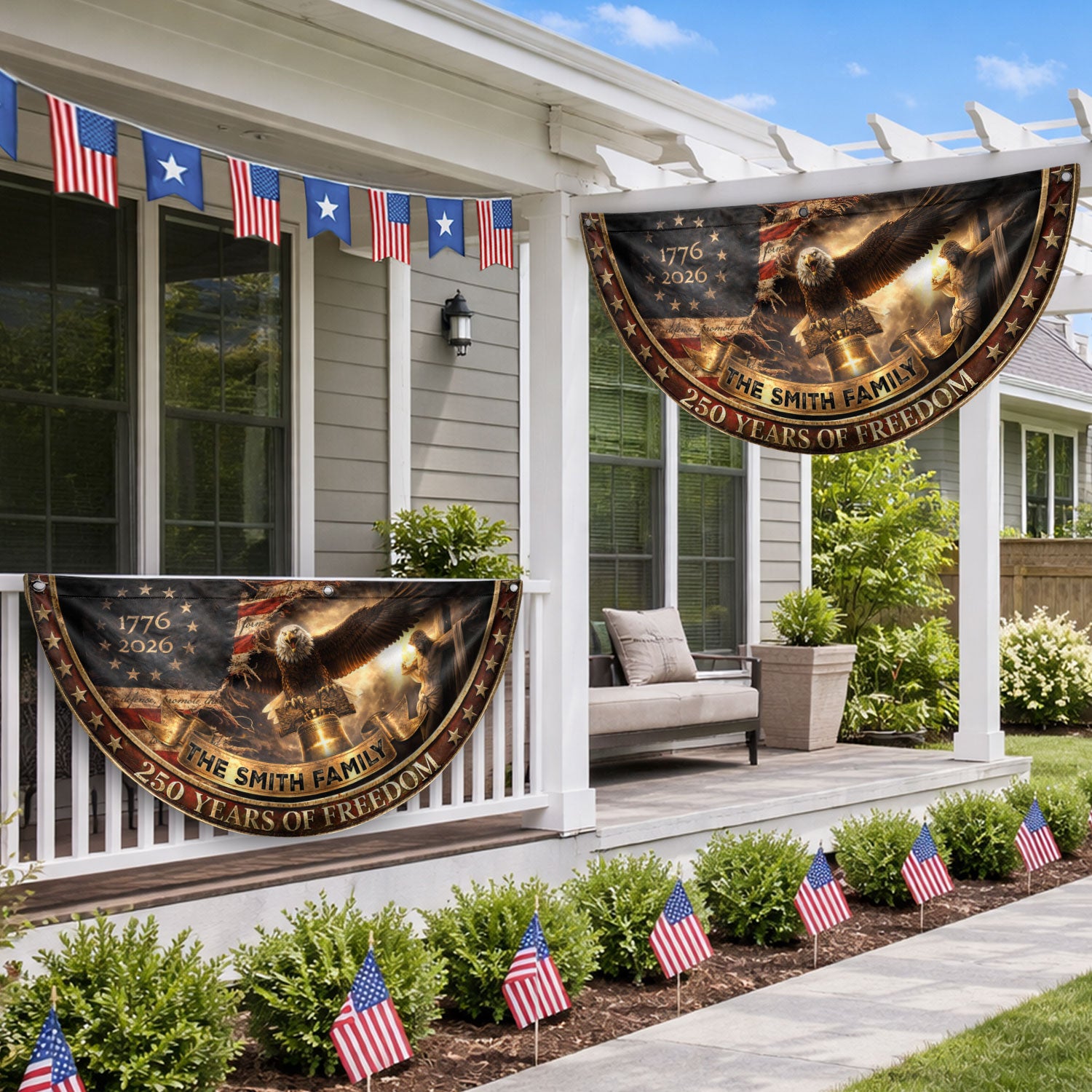 250 Years of Freedom Flag Fence Flag Custom Family Name American Flag with Cross Christian 250th Anniversary Patriotic Banner Gift - Rust Field Wear