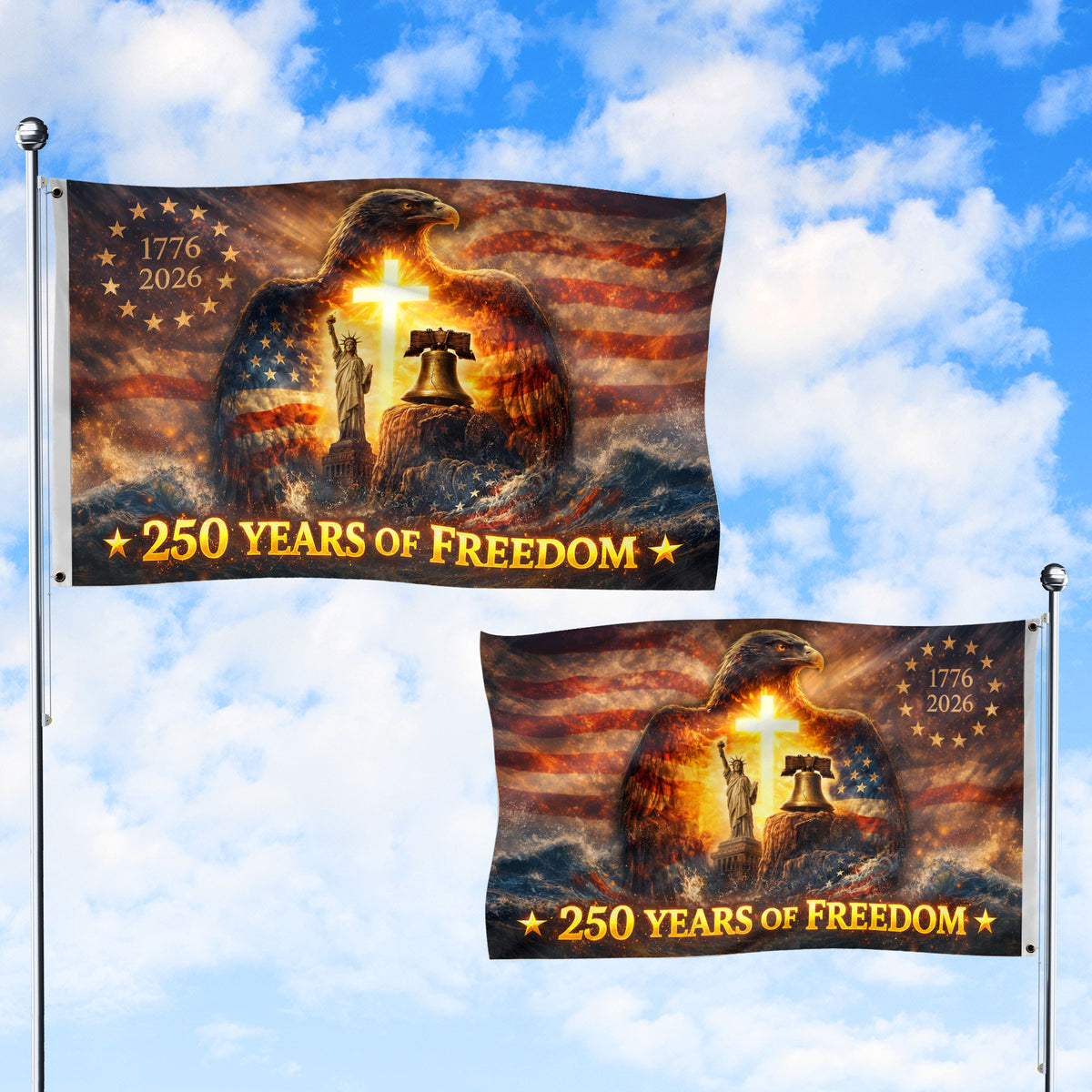 Christian Cross Eagle 250th Anniversary USA House Flag, 250 Years Freedom 1776–2026 - Rust Field Wear