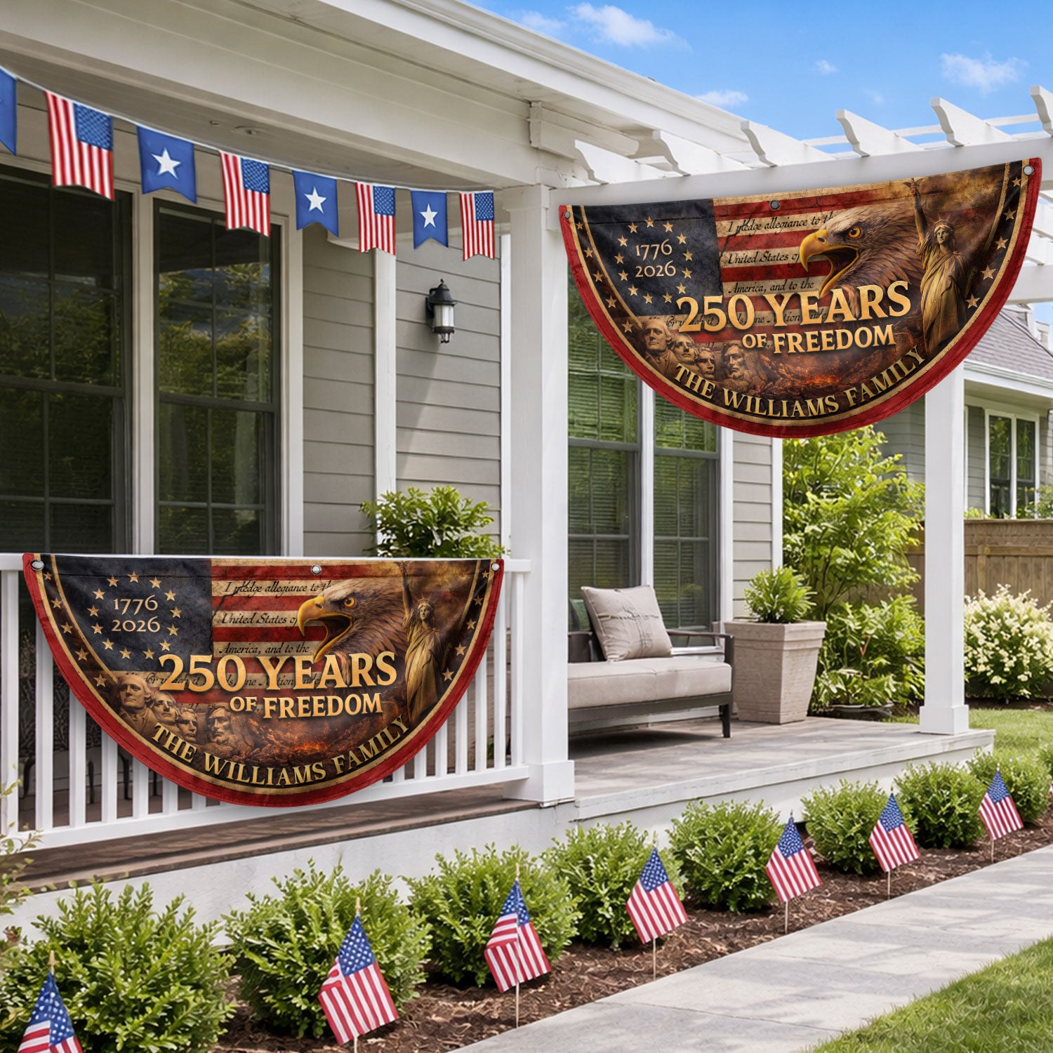Mount Rushmore Eagle Fence Flag Custom Family Name 250 Years Freedom 1776-2026 Patriotic Yard Decor - Rust Field Wear