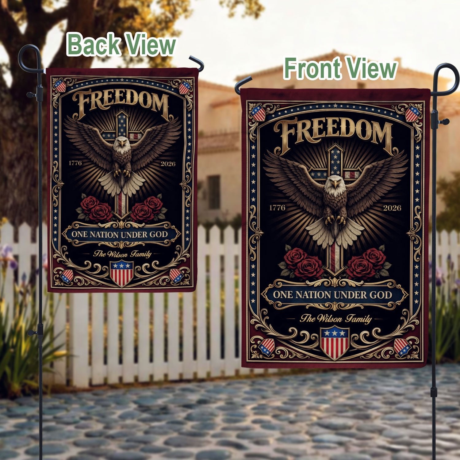 Custom Family Name Garden Flag 250 Years Patriotic Eagle Cross 1776–2026 Freedom Banner - Rust Field Wear