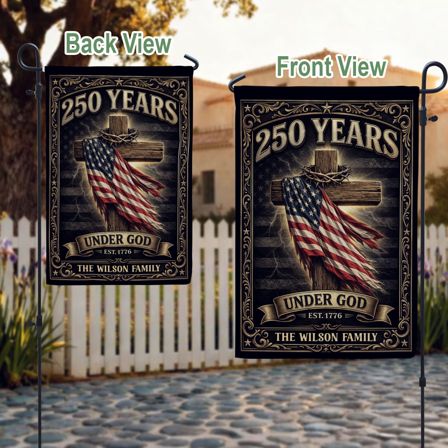 Personalized Family Name Garden Flag 250 Years Under God Cross Patriotic Outdoor Decor - Rust Field Wear