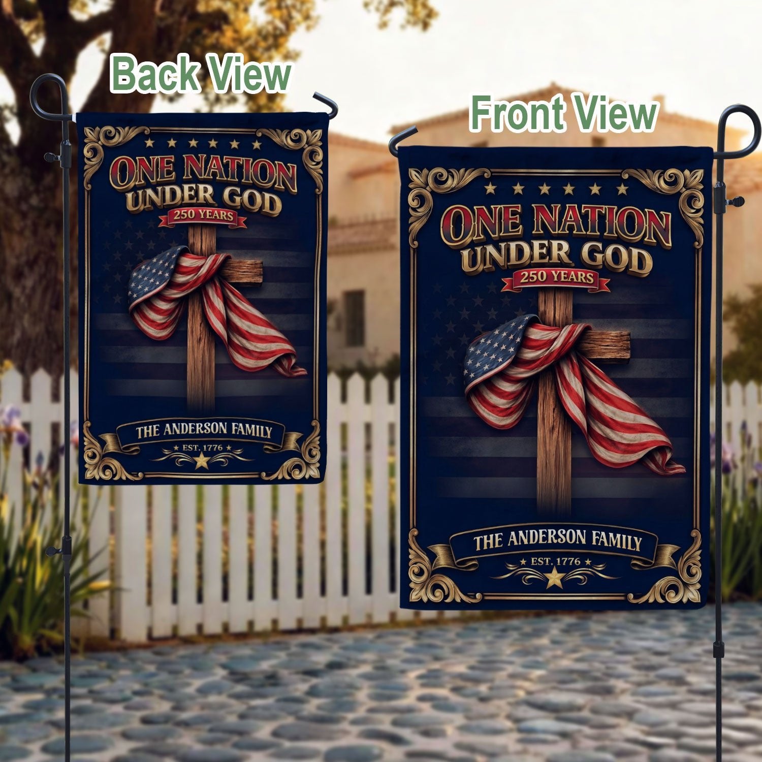 Custom Family Name Garden Flag One Nation Under God 250 Years Patriotic Cross Decor - Rust Field Wear