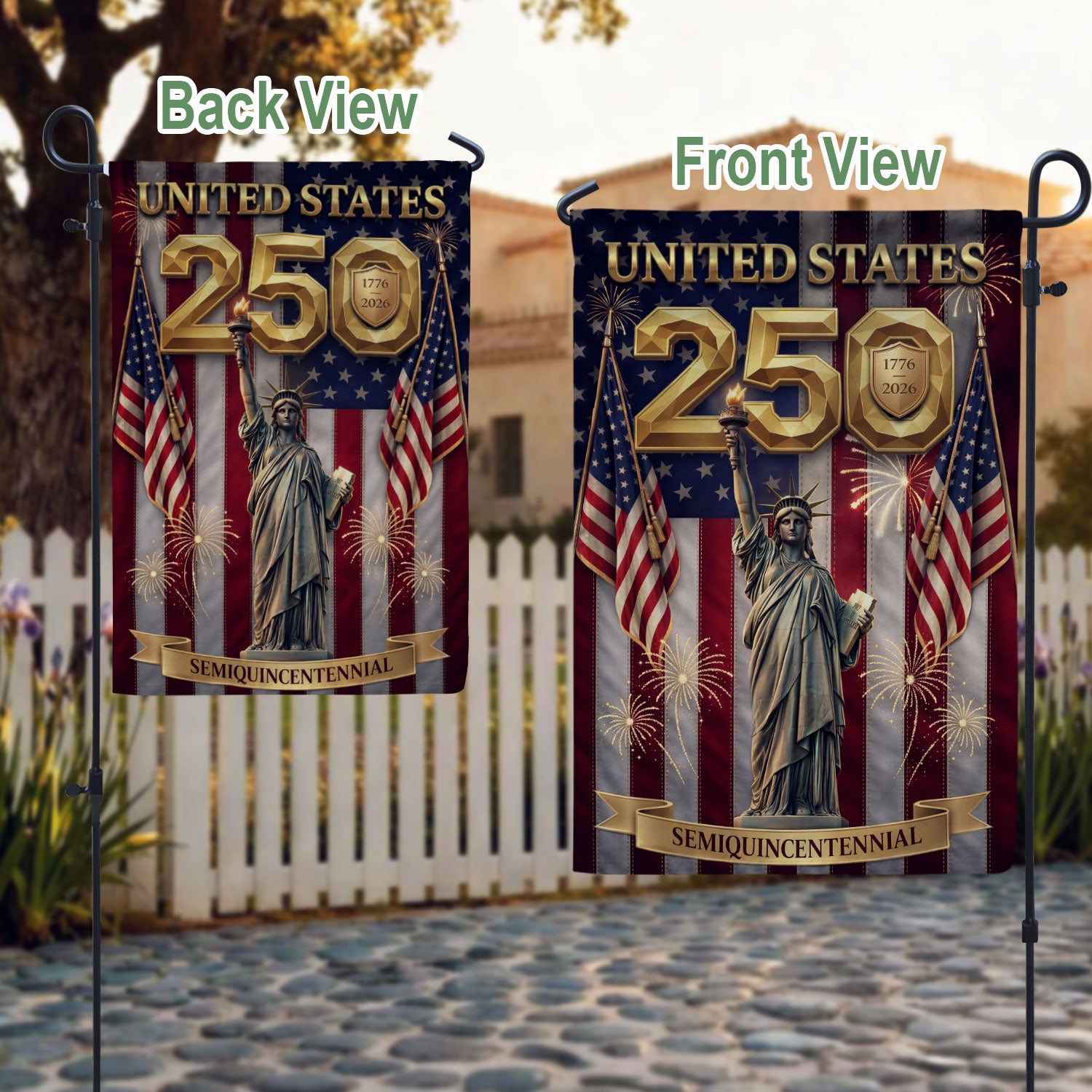 250 Years Garden Flag USA Patriotic Decor Statue of Liberty Fireworks 1776-2026 - Rust Field Wear