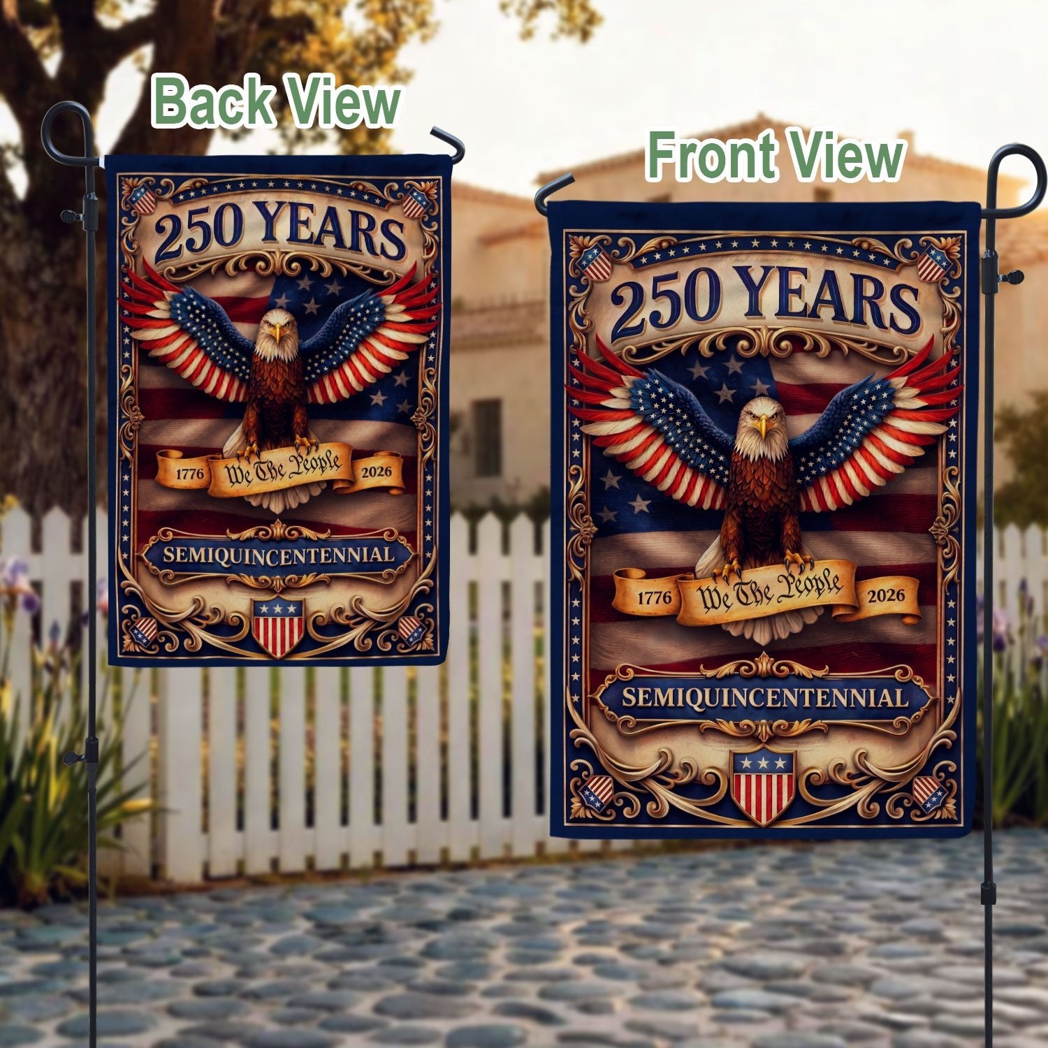 250 Years House Flag Patriotic Eagle We The People USA Banner 1776-2026 Outdoor Decor - Rust Field Wear