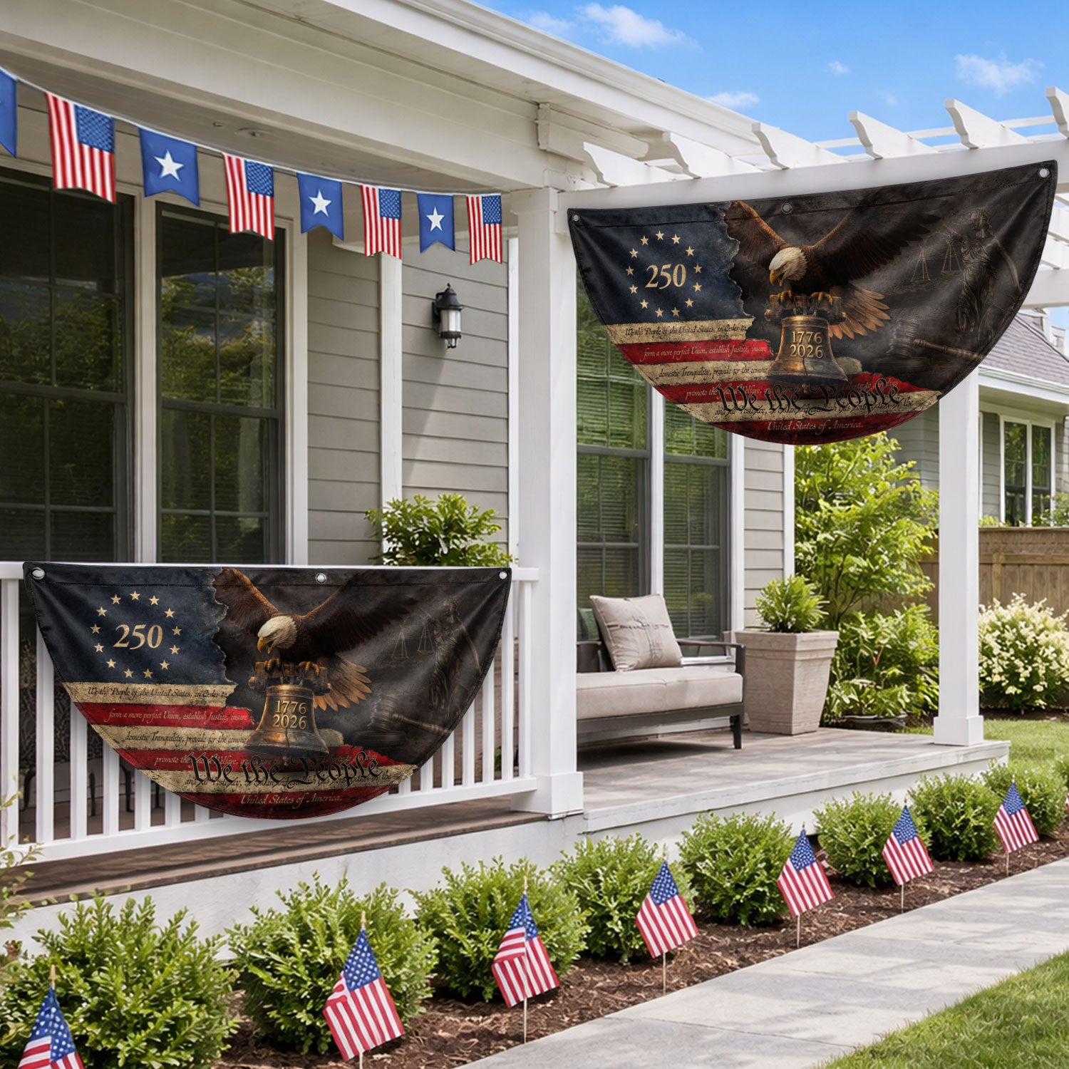 250 Years Liberty Bell Fence Flag Patriotic Bald Eagle - We The People Outdoor Banner - Rust Field Wear