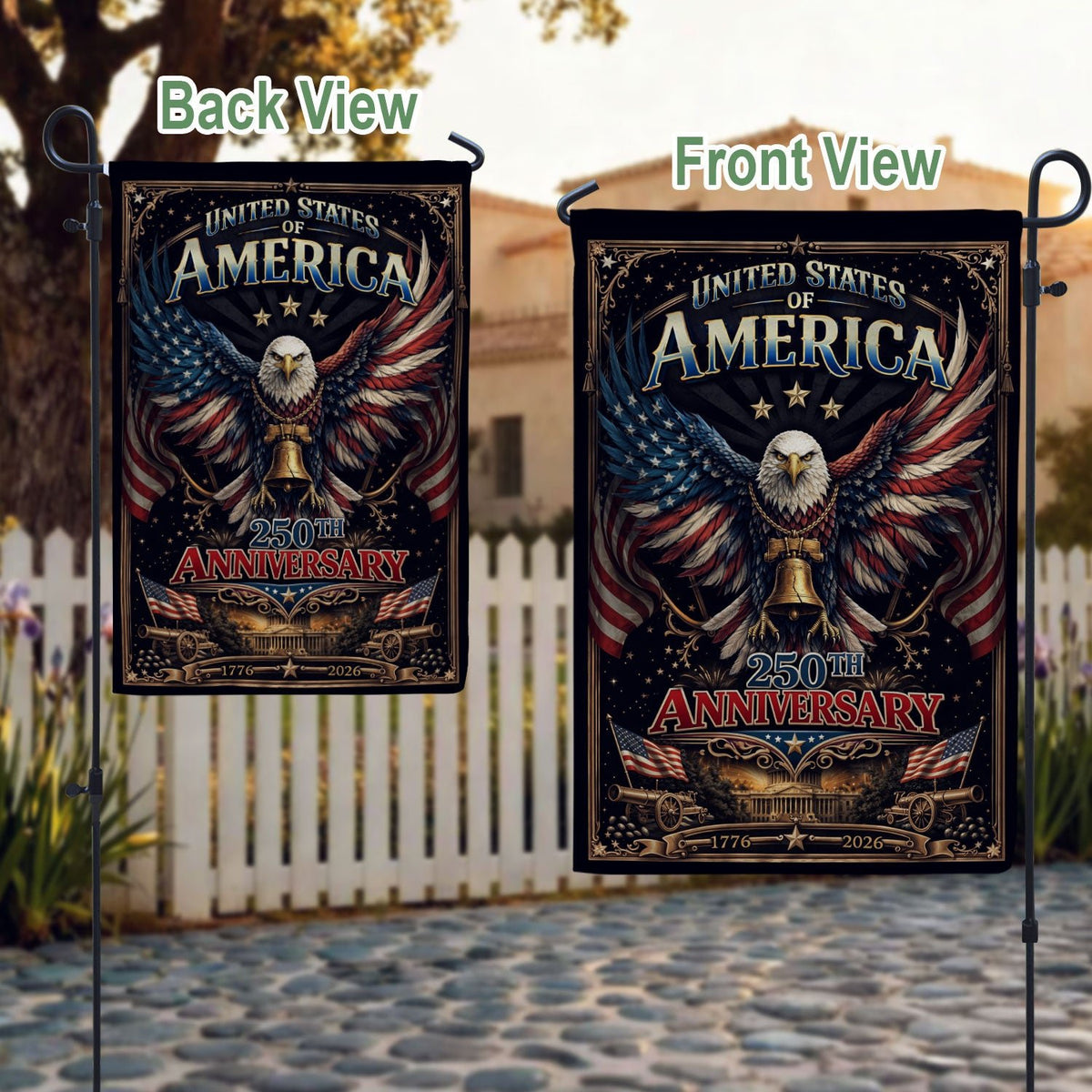 250th Anniversary United States Decorative House Flag - Eagle and Liberty Bell Design - Rust Field Wear