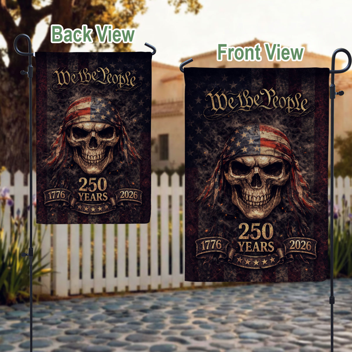 250th Anniversary House Flag - We The People Patriotic Skull Banner Home Decoration - Rust Field Wear