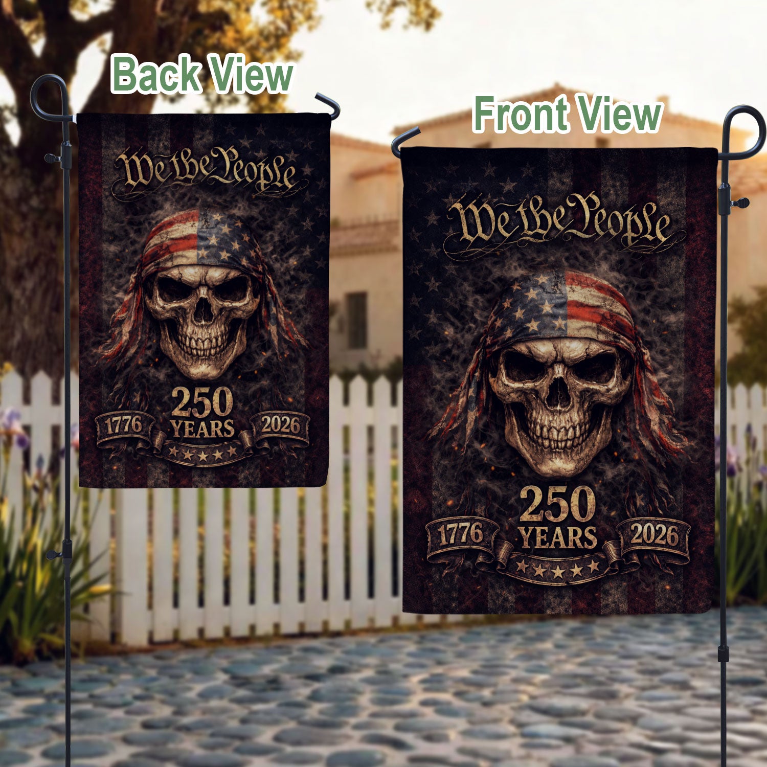 USA 250 Years Garden Flag - We The People Skull Patriotic Outdoor Decor 1776-2026